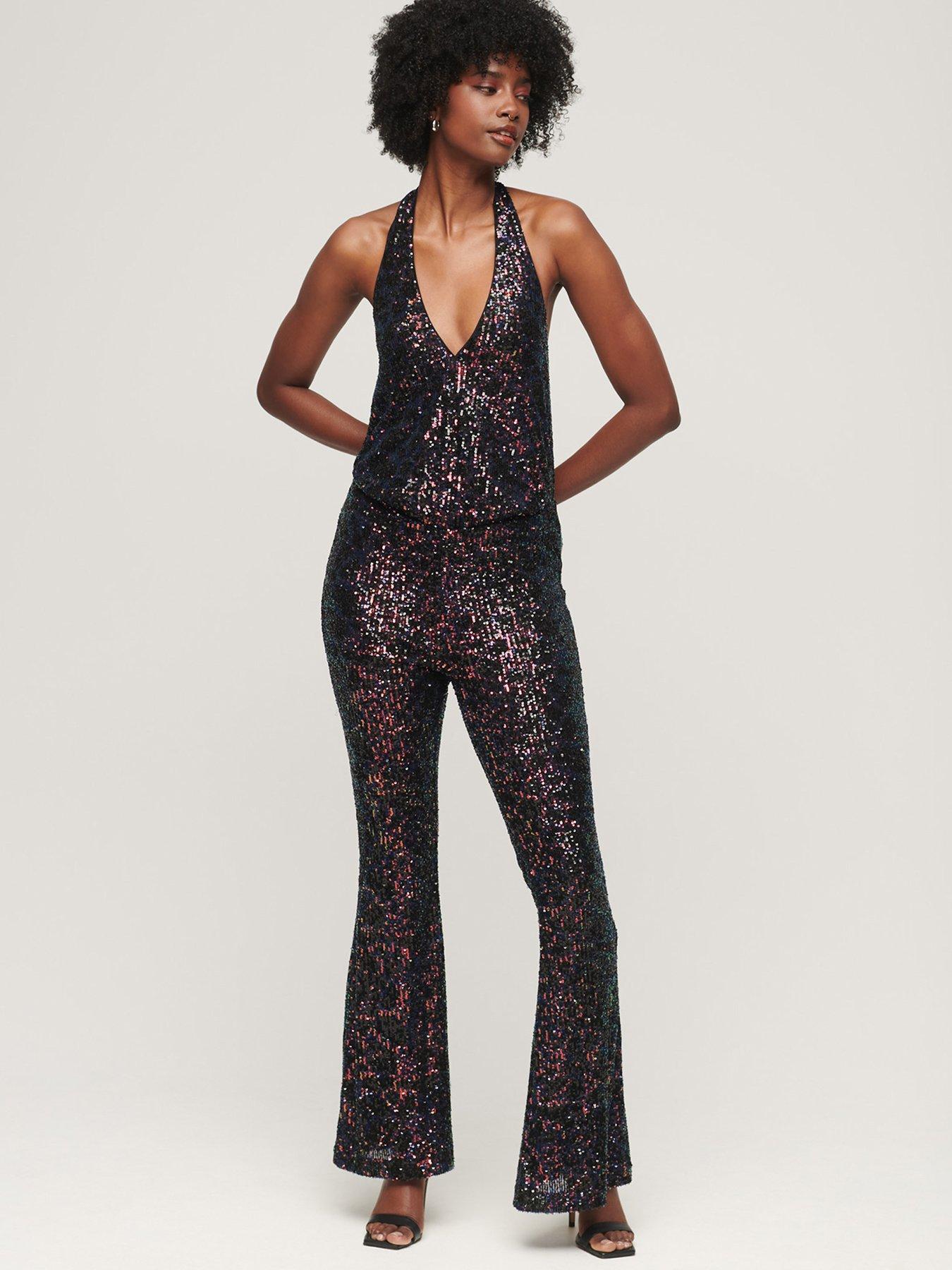 Black sequin store halter jumpsuit