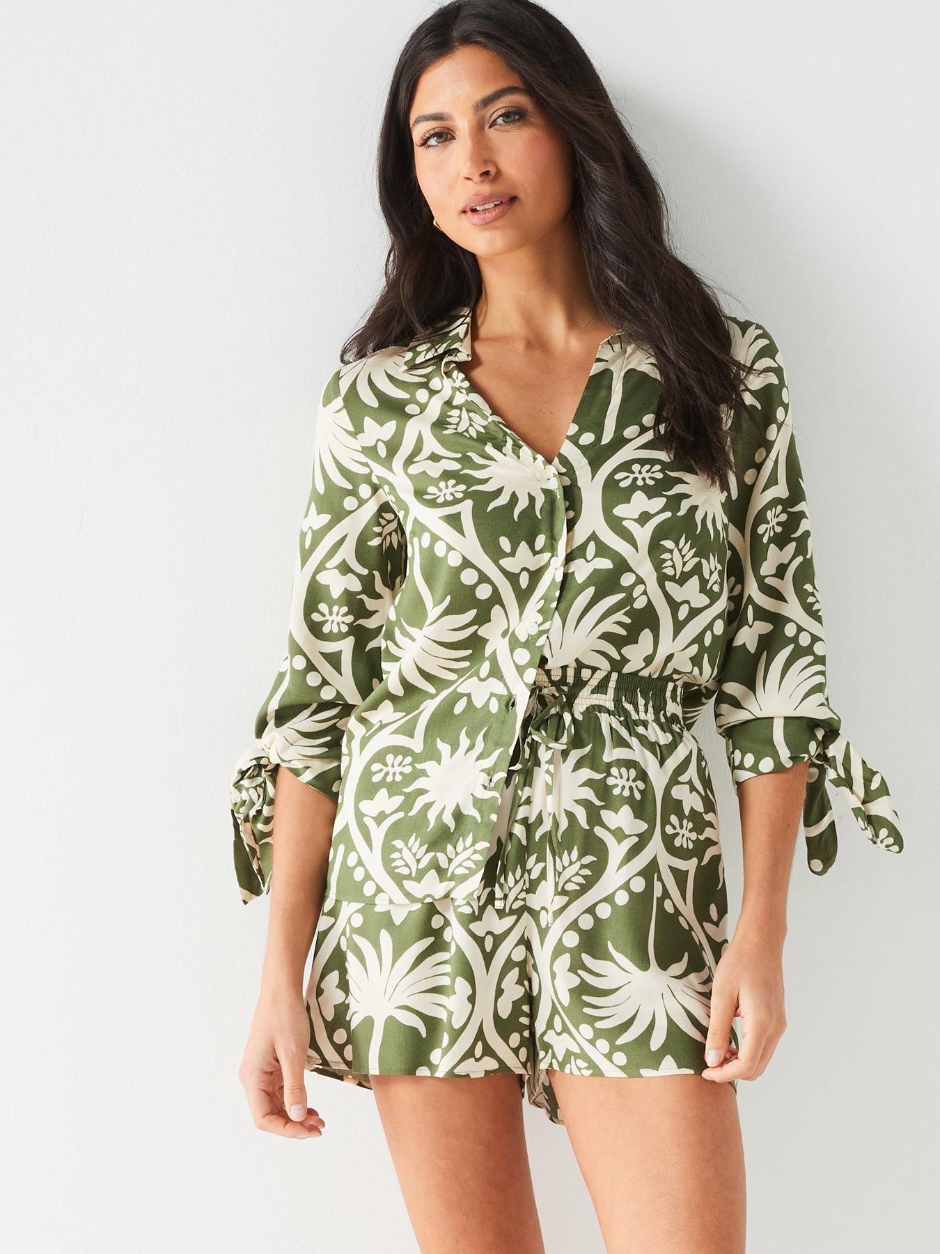 v-by-very-tie-sleeve-printed-shirt-co-ord-green