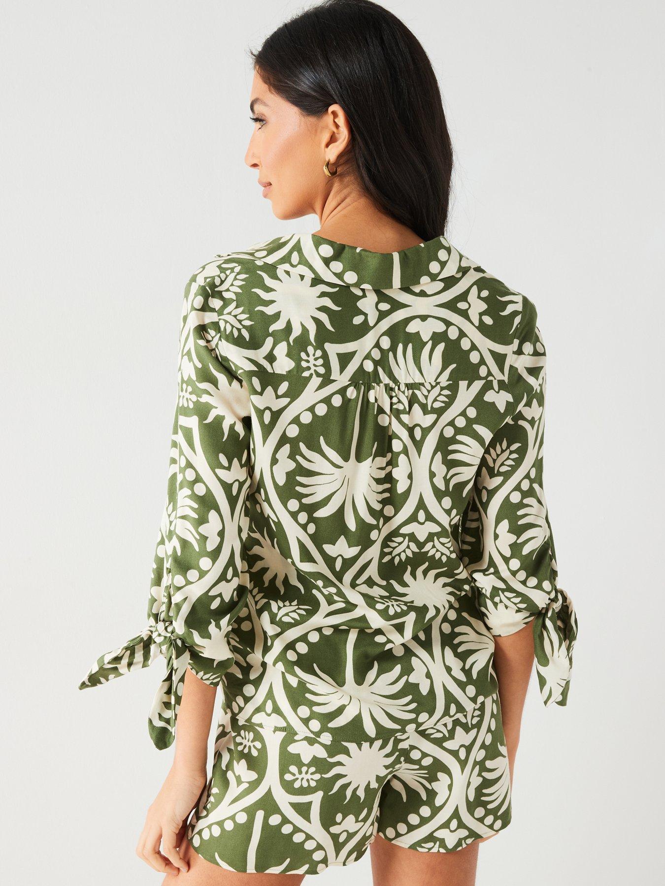 v-by-very-tie-sleeve-printed-shirt-co-ord-greenstillFront