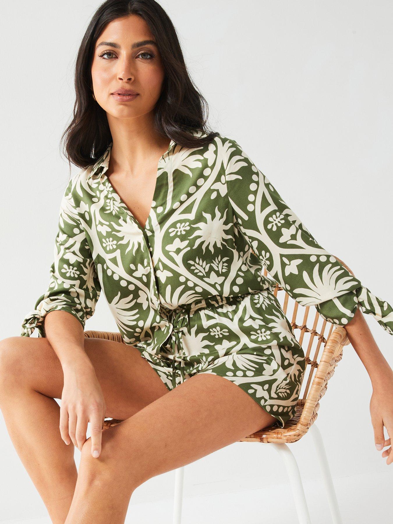 v-by-very-tie-sleeve-printed-shirt-co-ord-greendetail