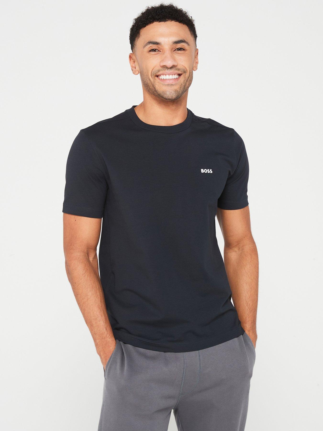 Image 1 of 4 of BOSS Mens Cotton-Stretch Logo Crew Neck T-Shirt - Dark Blue