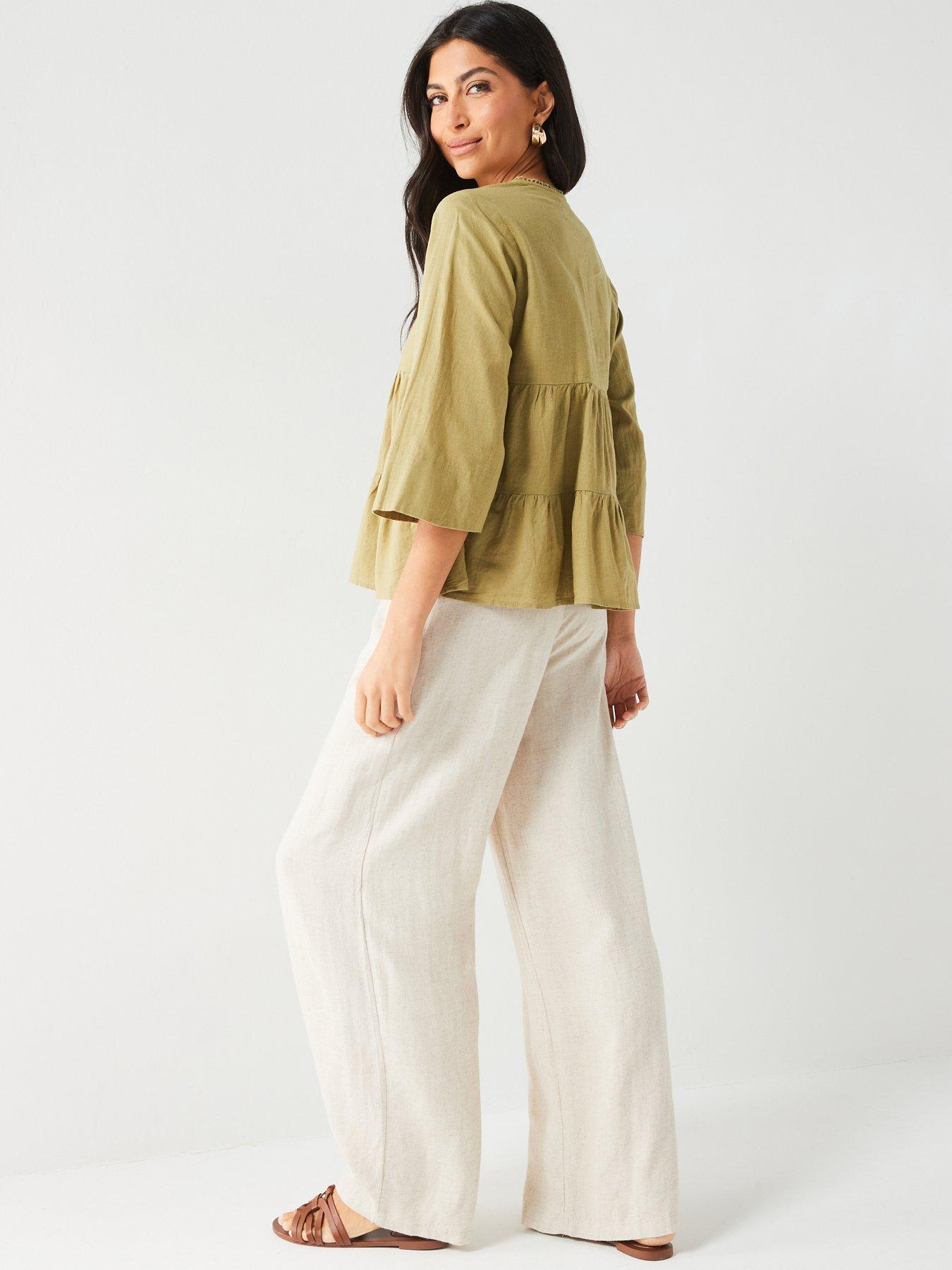 v-by-very-34-sleeve-linen-tiered-blouse-khakistillFront