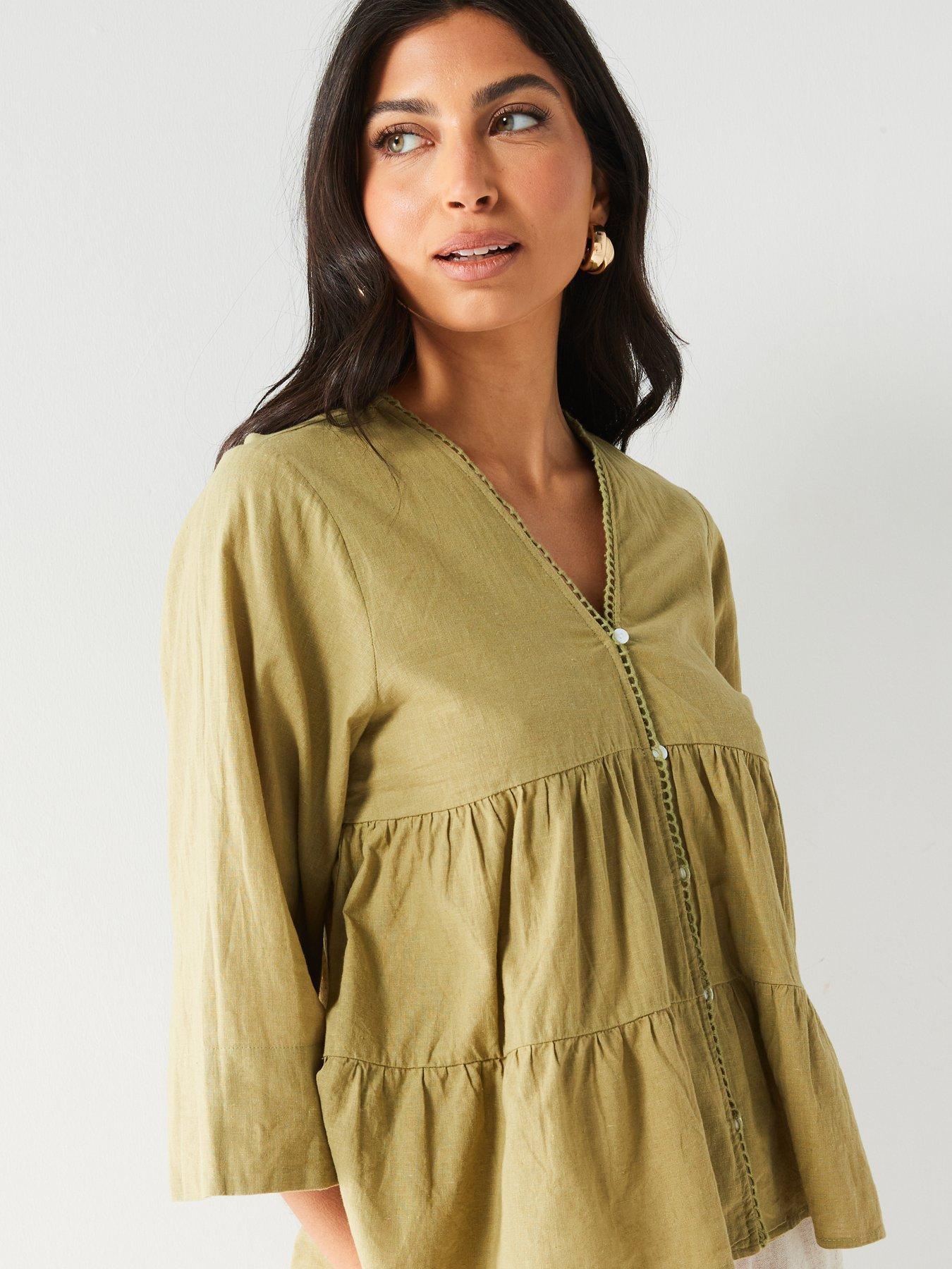 v-by-very-34-sleeve-linen-tiered-blouse-khakioutfit