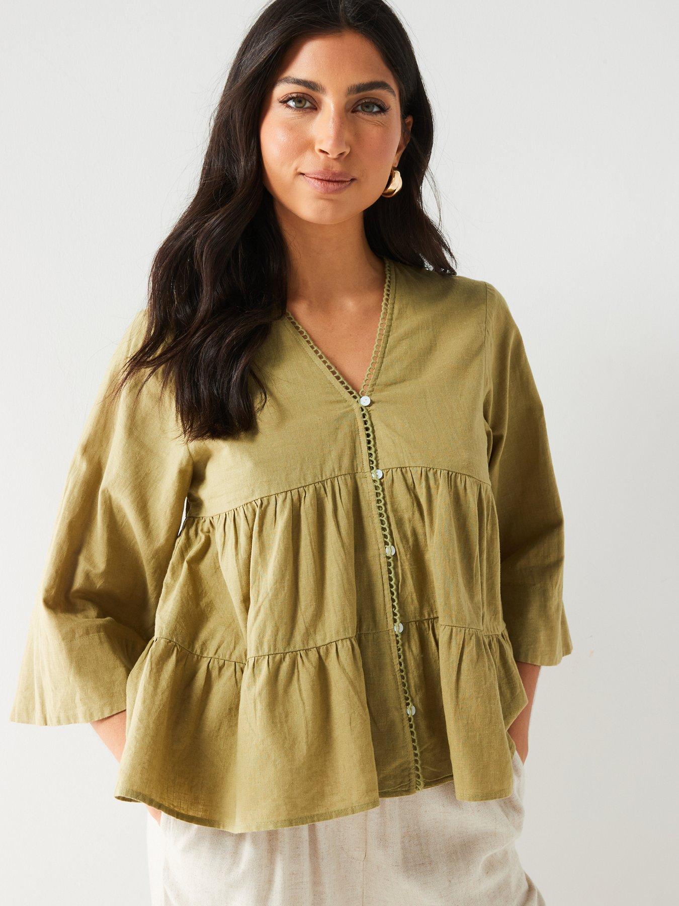 v-by-very-34-sleeve-linen-tiered-blouse-khakidetail