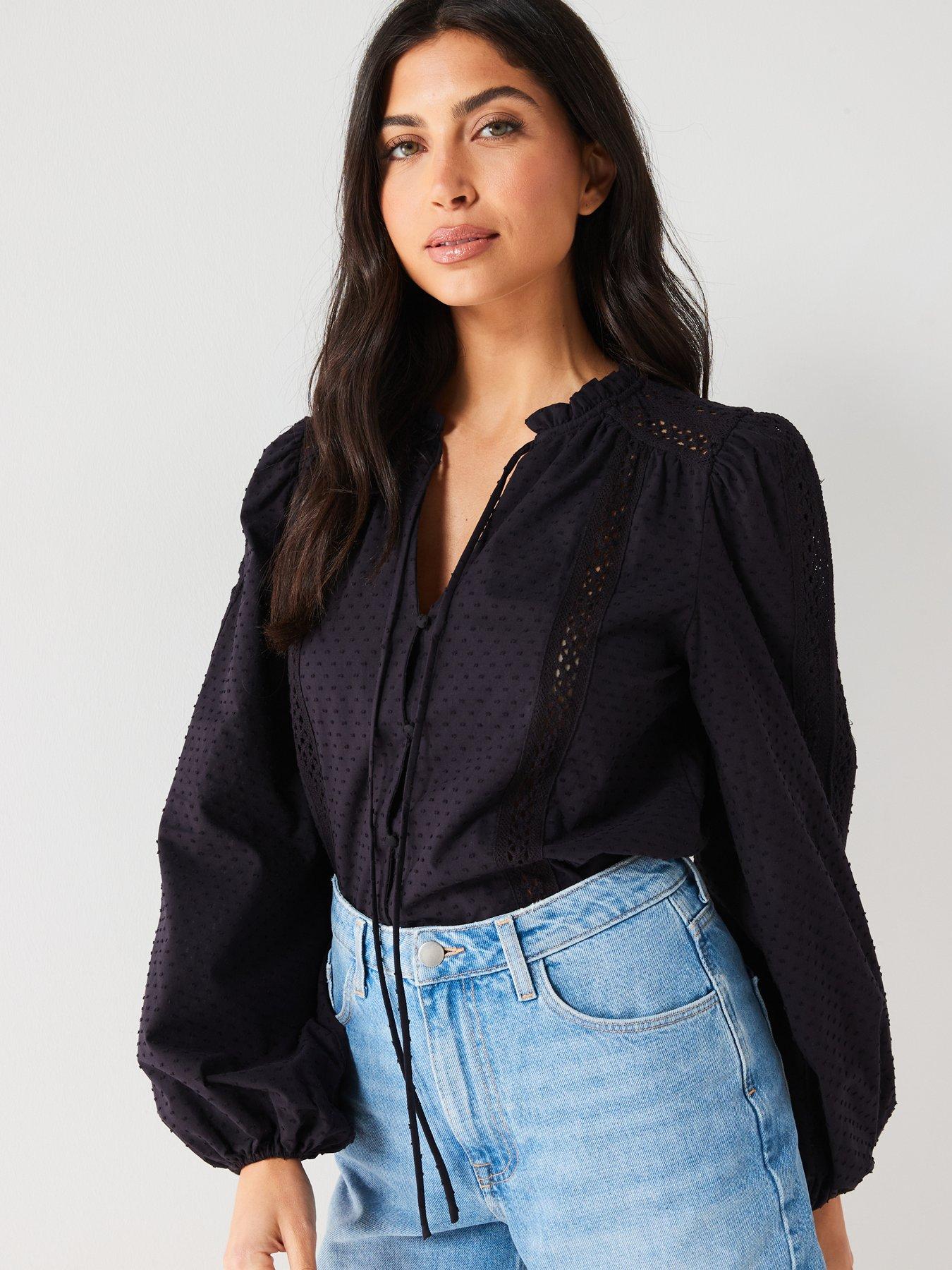 v-by-very-long-sleeve-dobby-textured-blouse-blackdetail