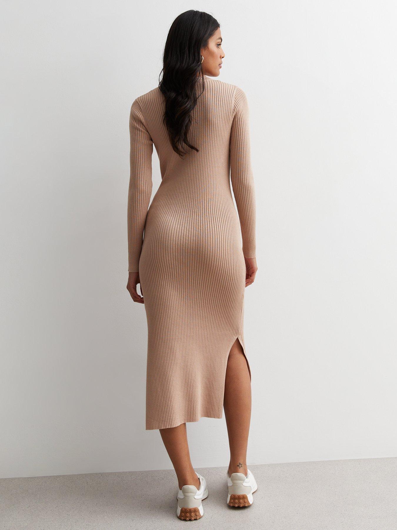 new-look-camel-ribbed-knit-bodycon-midi-dressstillFront