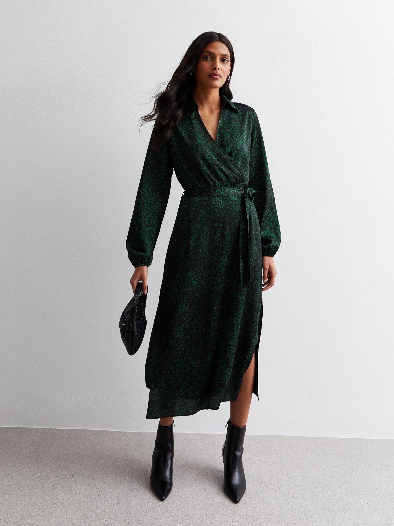 new-look-dark-green-animal-print-collared-wrap-midaxi-dress