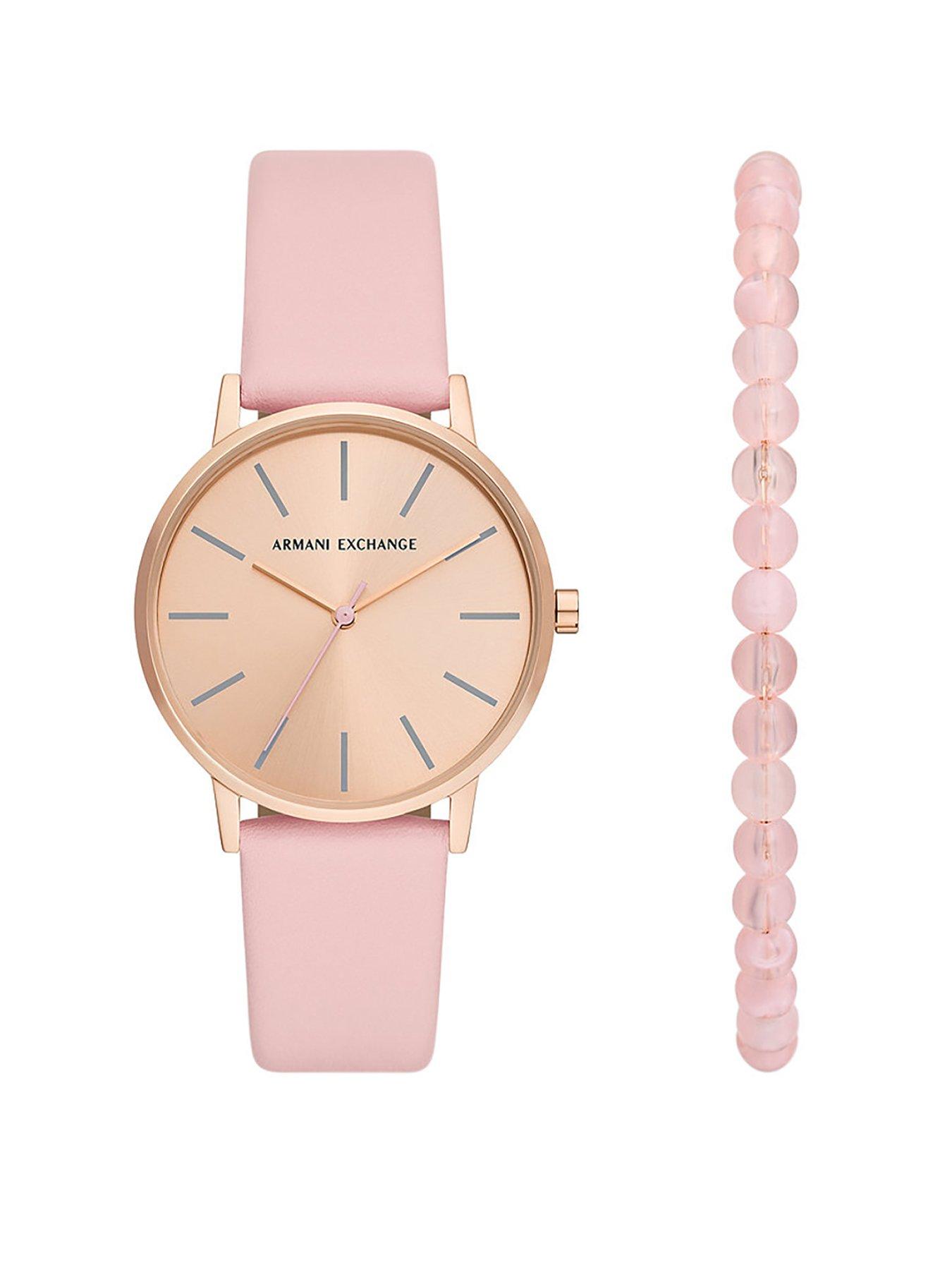 armani-exchange-armani-exchange-three-hand-pink-leather-watch-and-bracelet-setfront