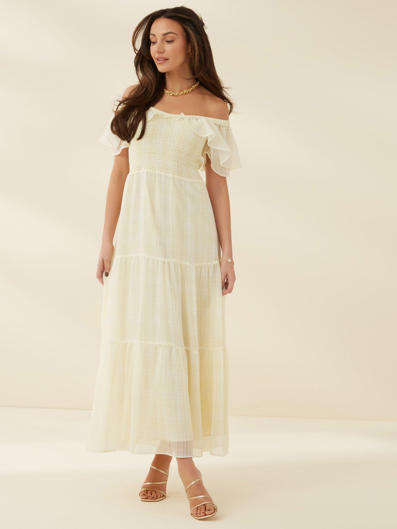 michelle-keegan-bardot-chiffon-check-midi-dress-lemon