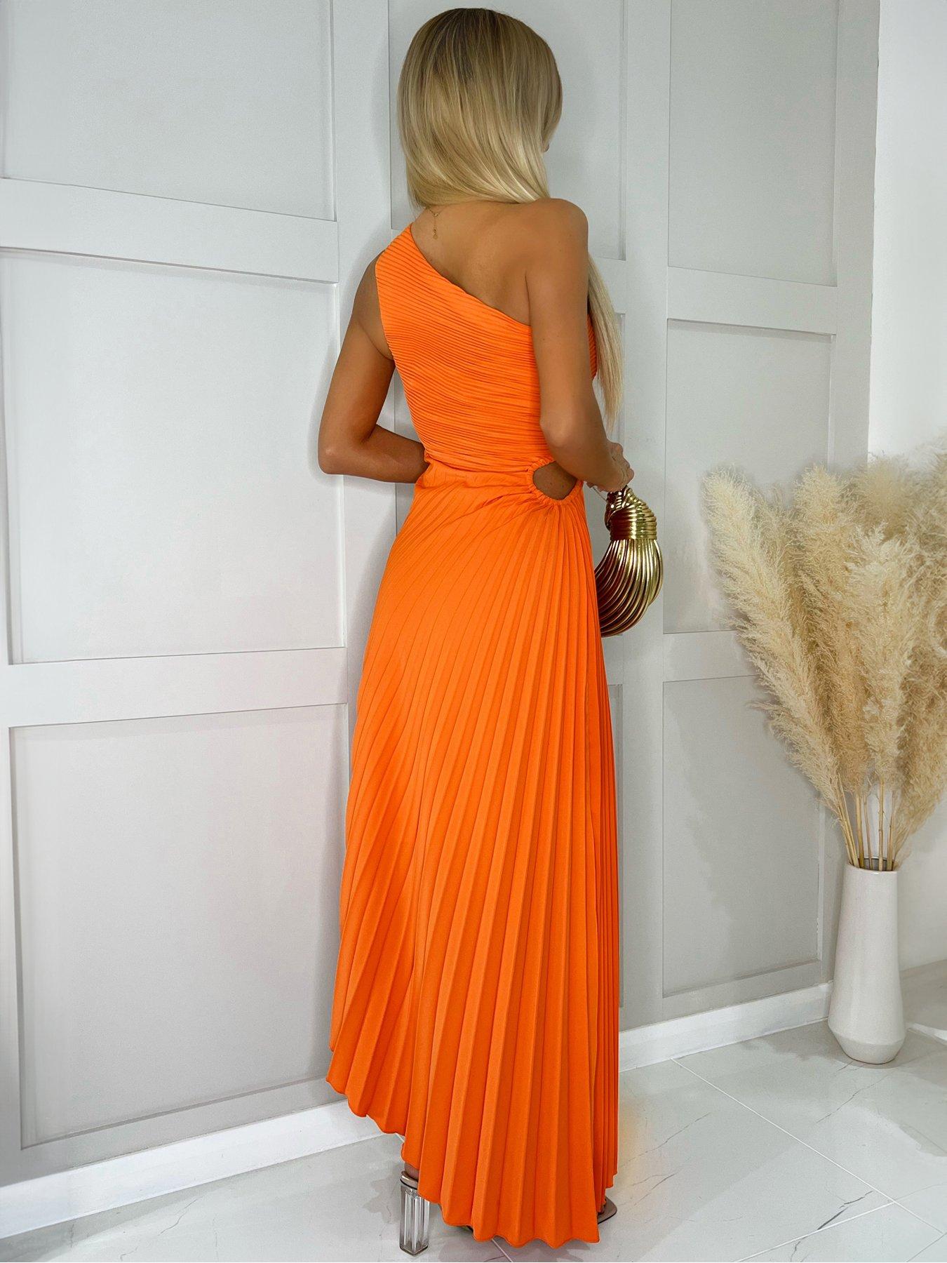 Image 2 of 4 of AX Paris One Shoulder Asymmetrical Pleated Midi Dress - Orange