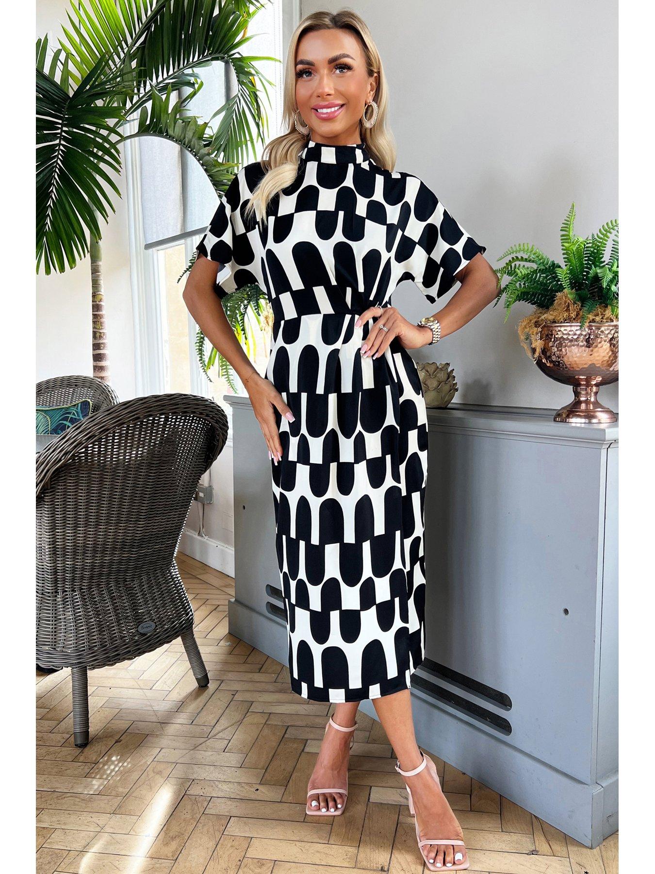 V by Very Curve Abstract Animal 3/4 Sleeve Belted V Neck Midi