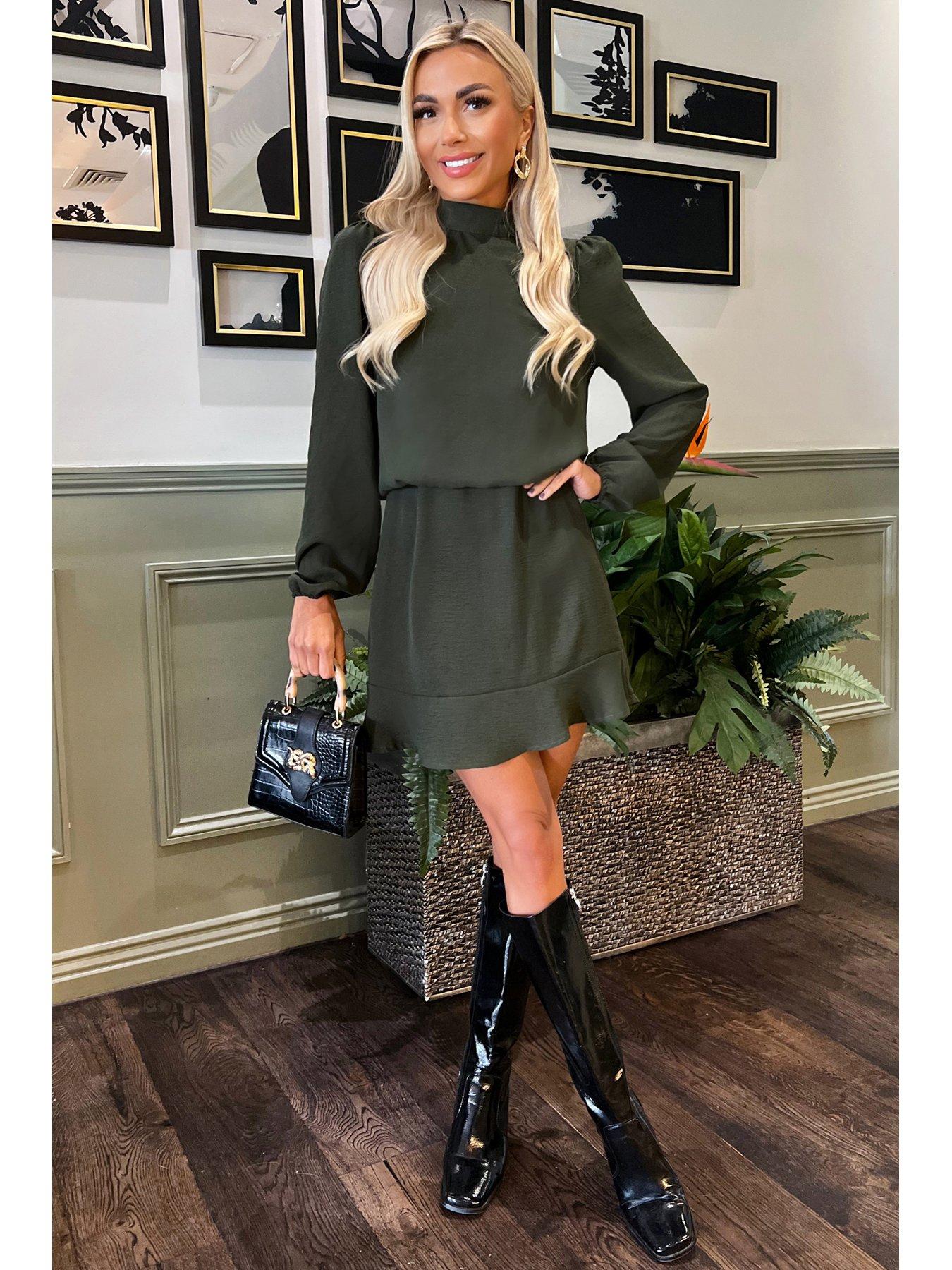 Dark Green Lace High Neck Mini Tunic Dress