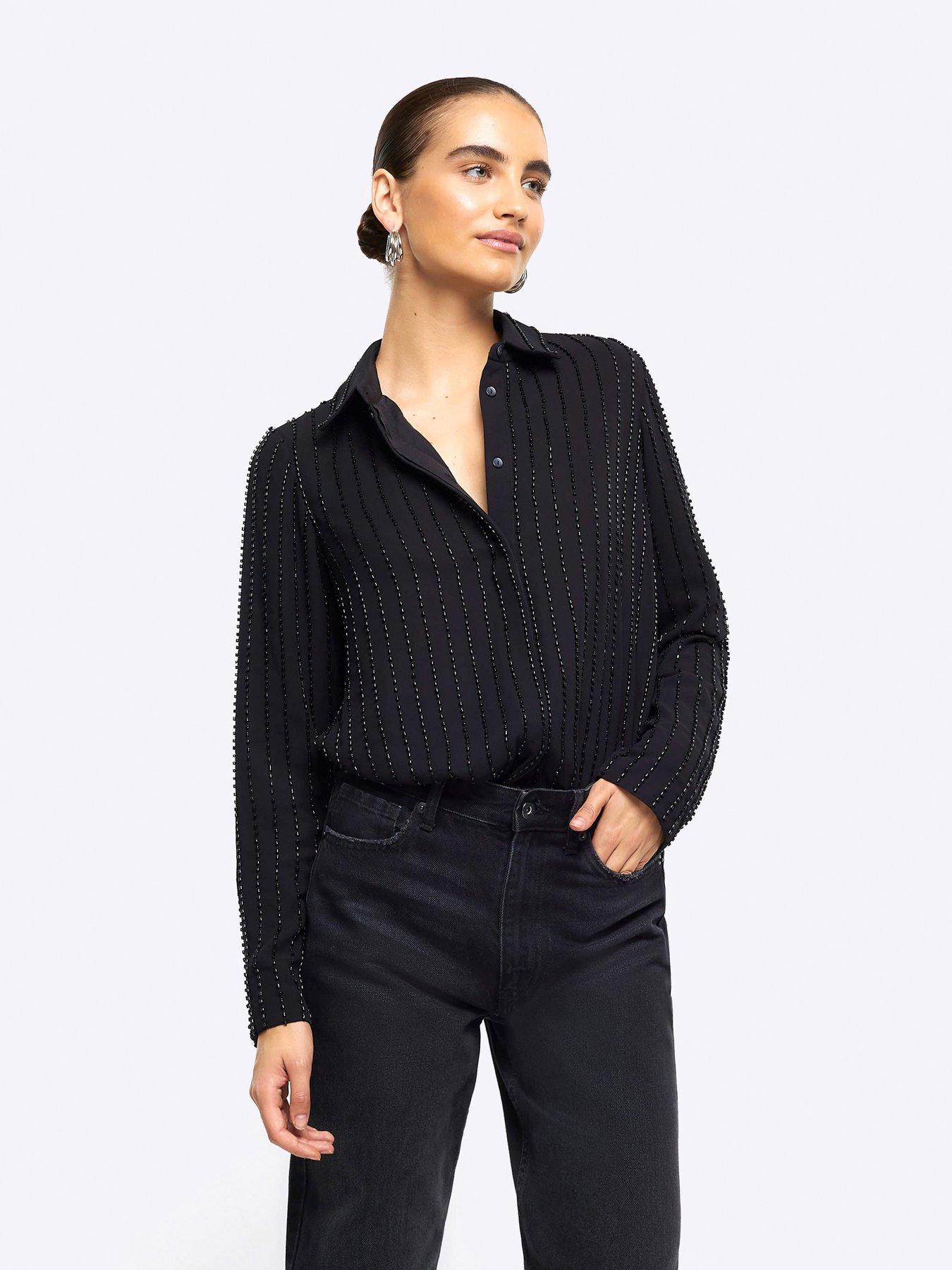 Yours Notch Neck Buton Thru Blouse Burnout - Black