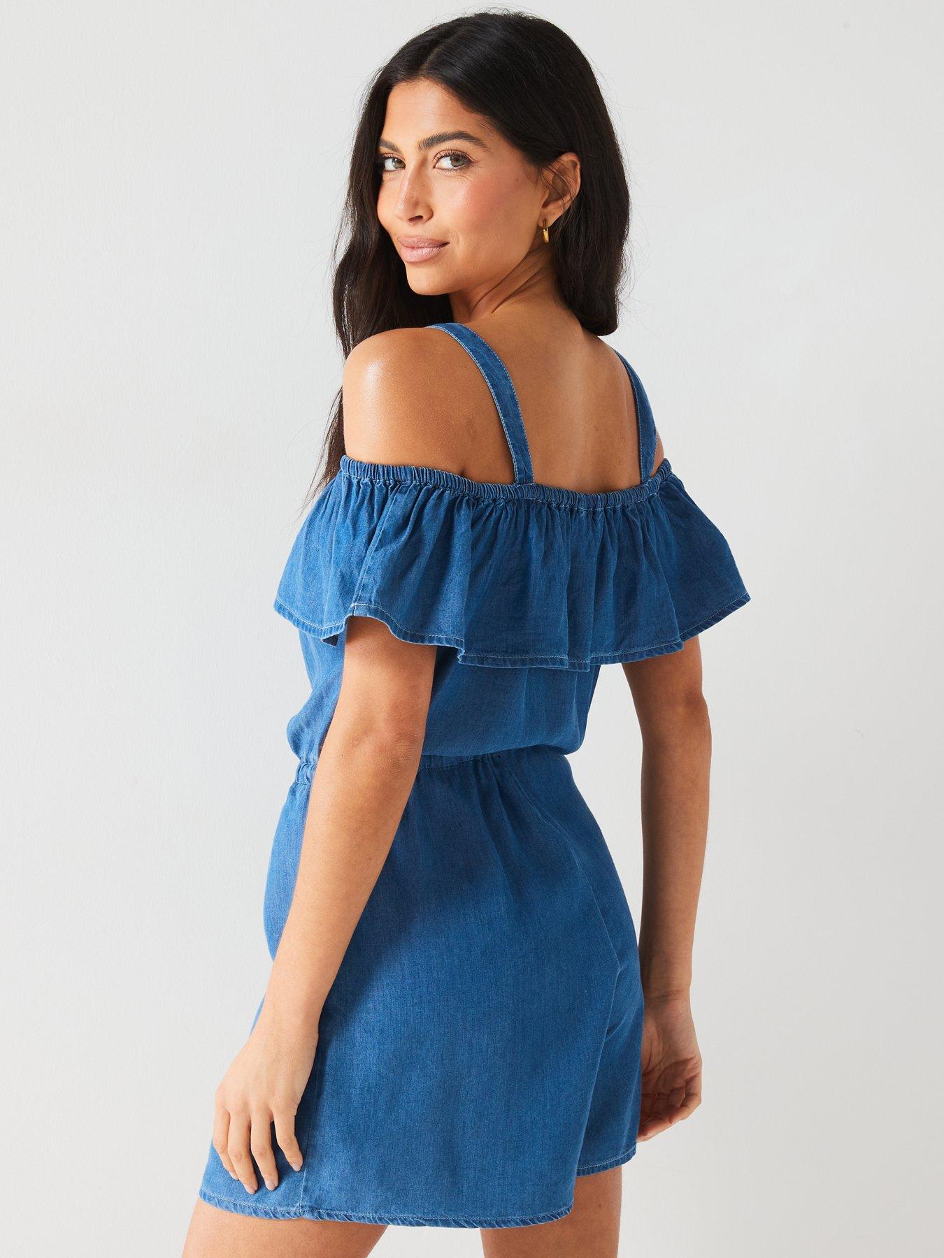 v-by-very-supersoft-denim-bardot-ruffle-playsuitstillFront