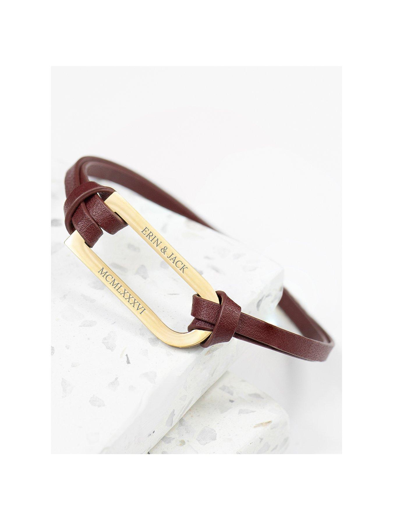 Treat Republic Personalised Men's Bar Brown and Gold Leather Bracelet