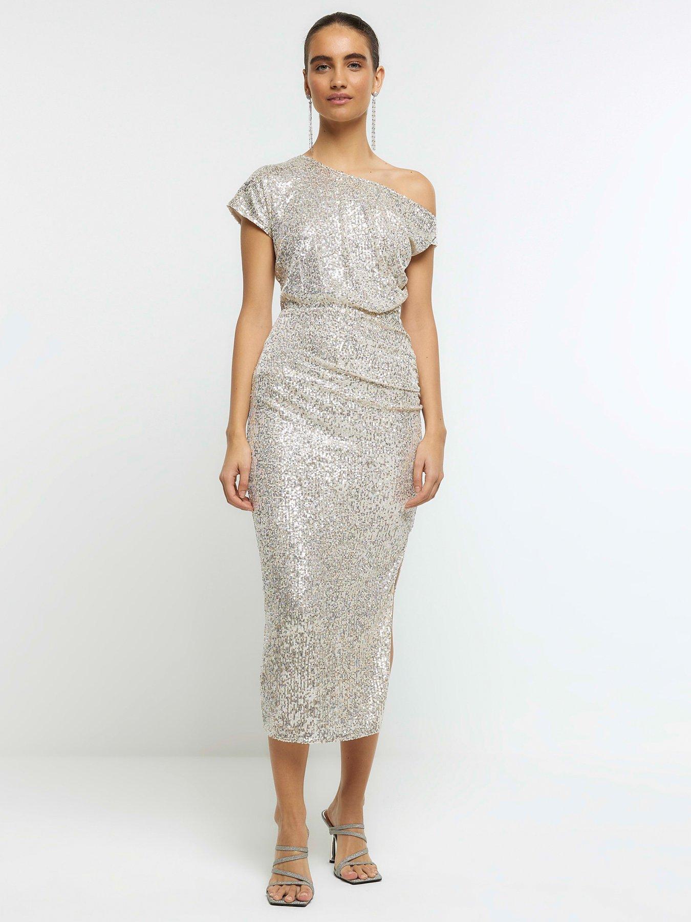 river-island-ruched-bardot-dress-silver