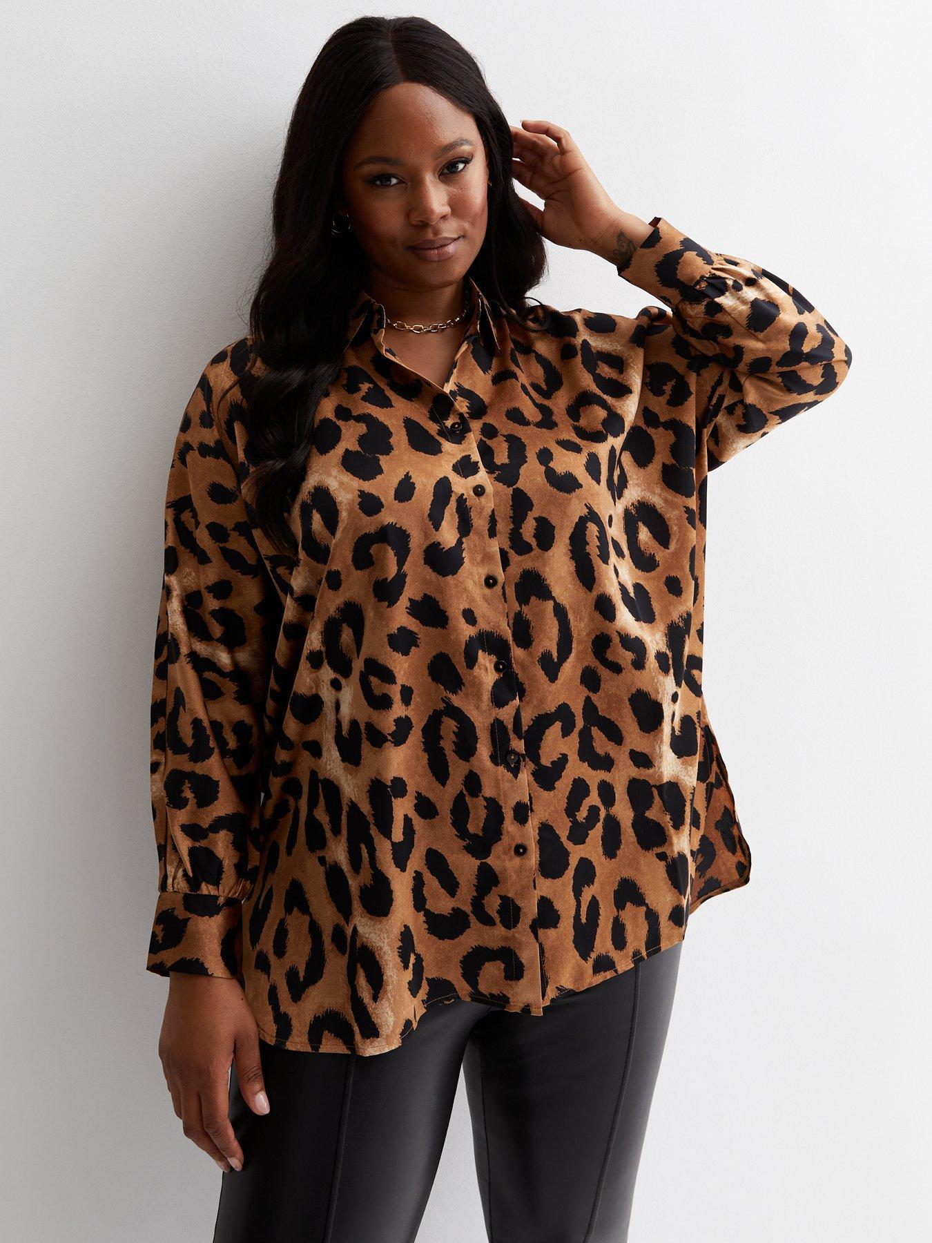 New Look Curves Brown Satin Leopard Print Oversized Shirt