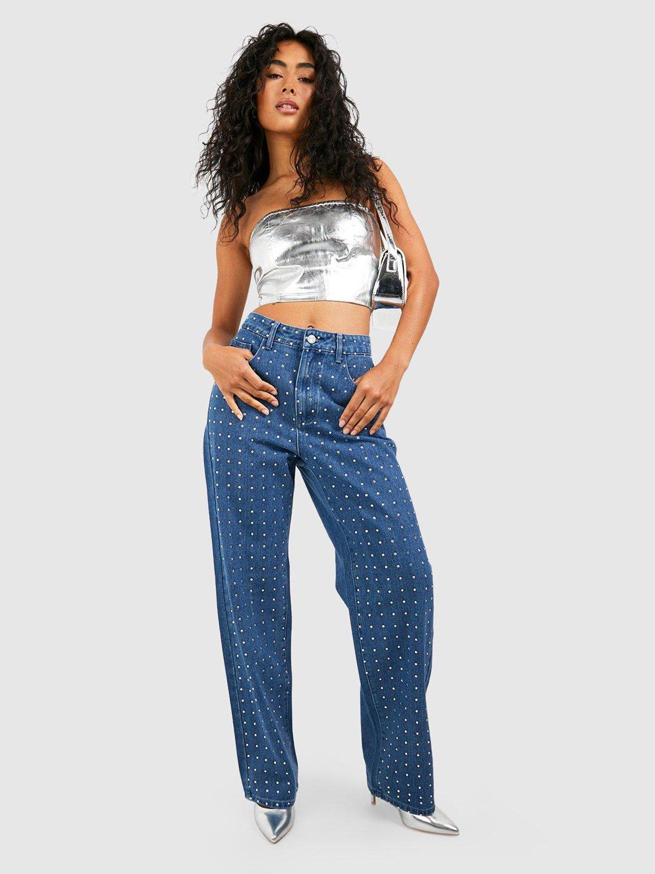 Buy Boohoo High Waist Bum Shaper Wide Leg Jeans In Blue