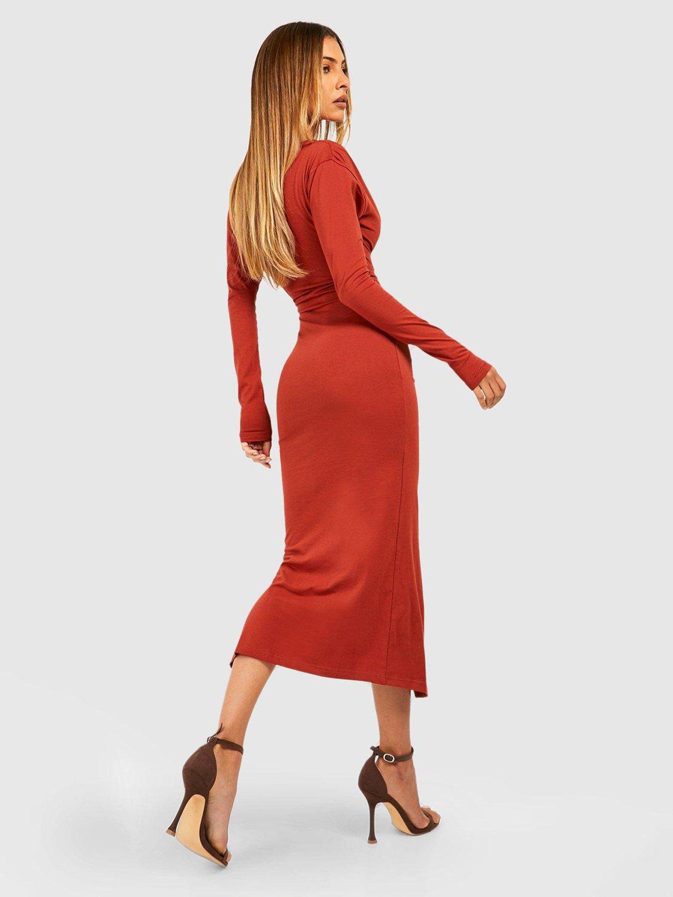 boohoo-asymmetric-rouched-midi-dress-tanstillFront