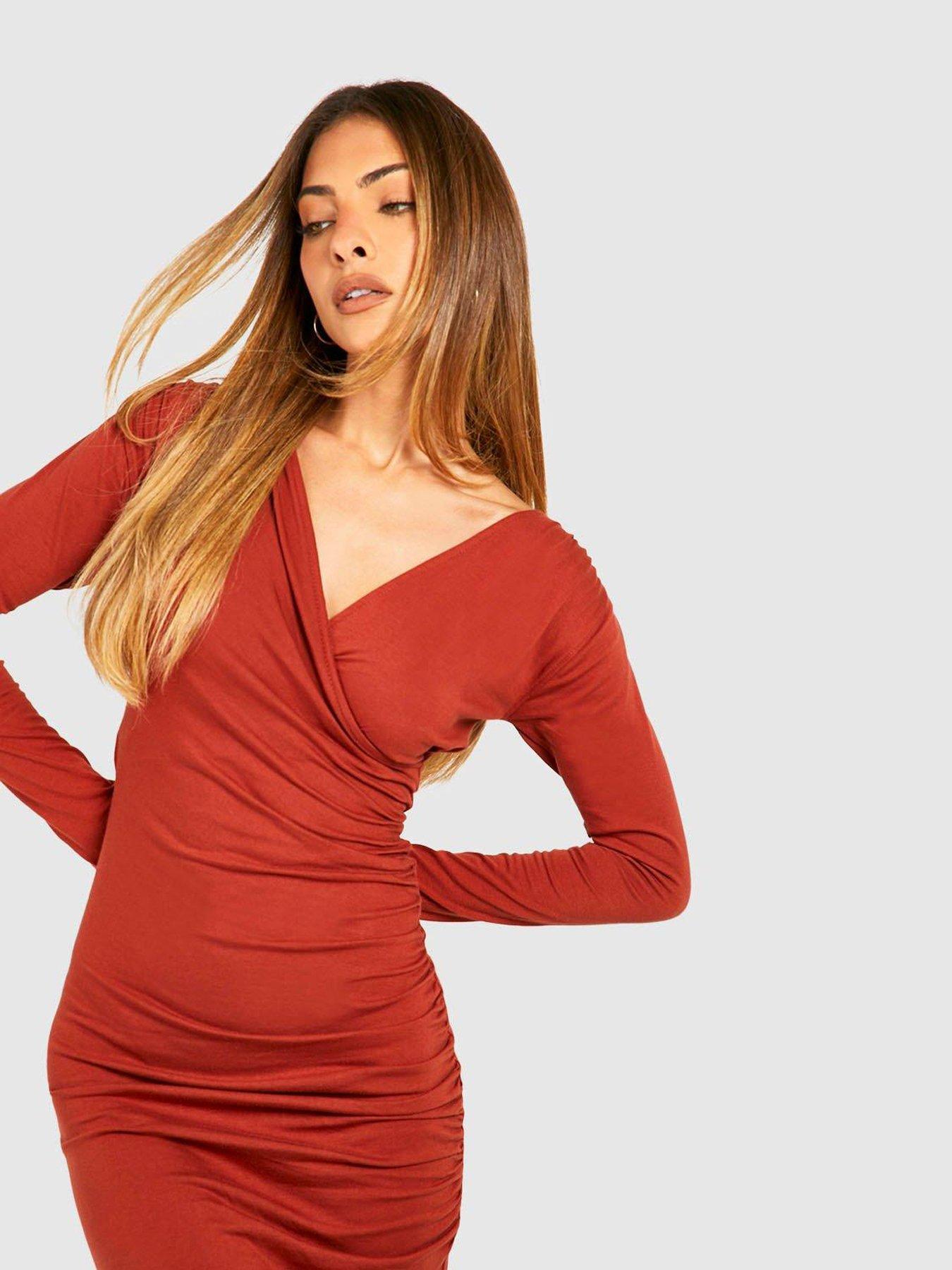 boohoo-asymmetric-rouched-midi-dress-tanoutfit