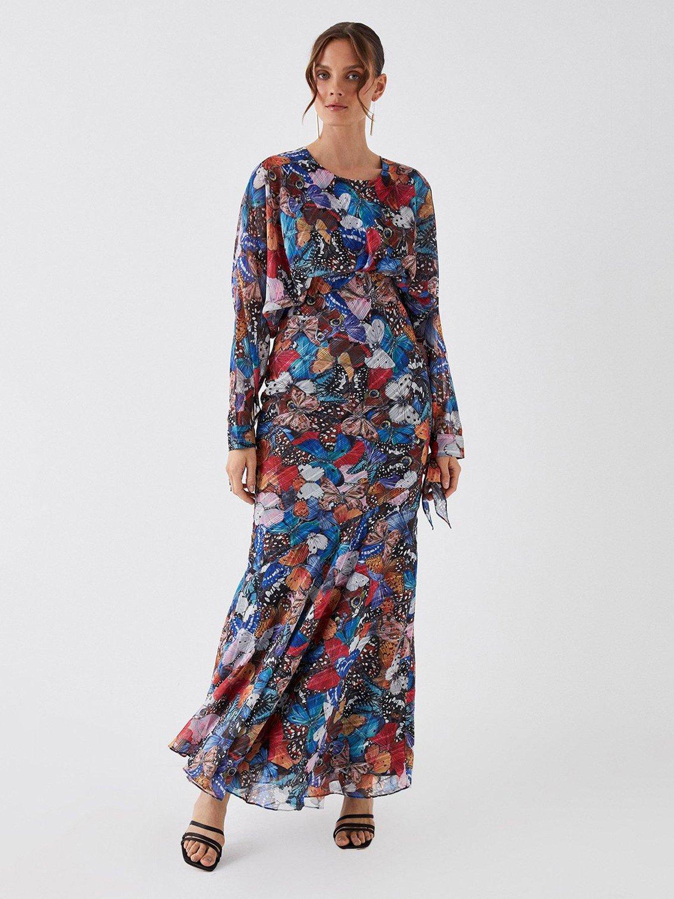 Julie Kuyath Butterfly Print Batwing Fishtail Skirt Maxi Dre