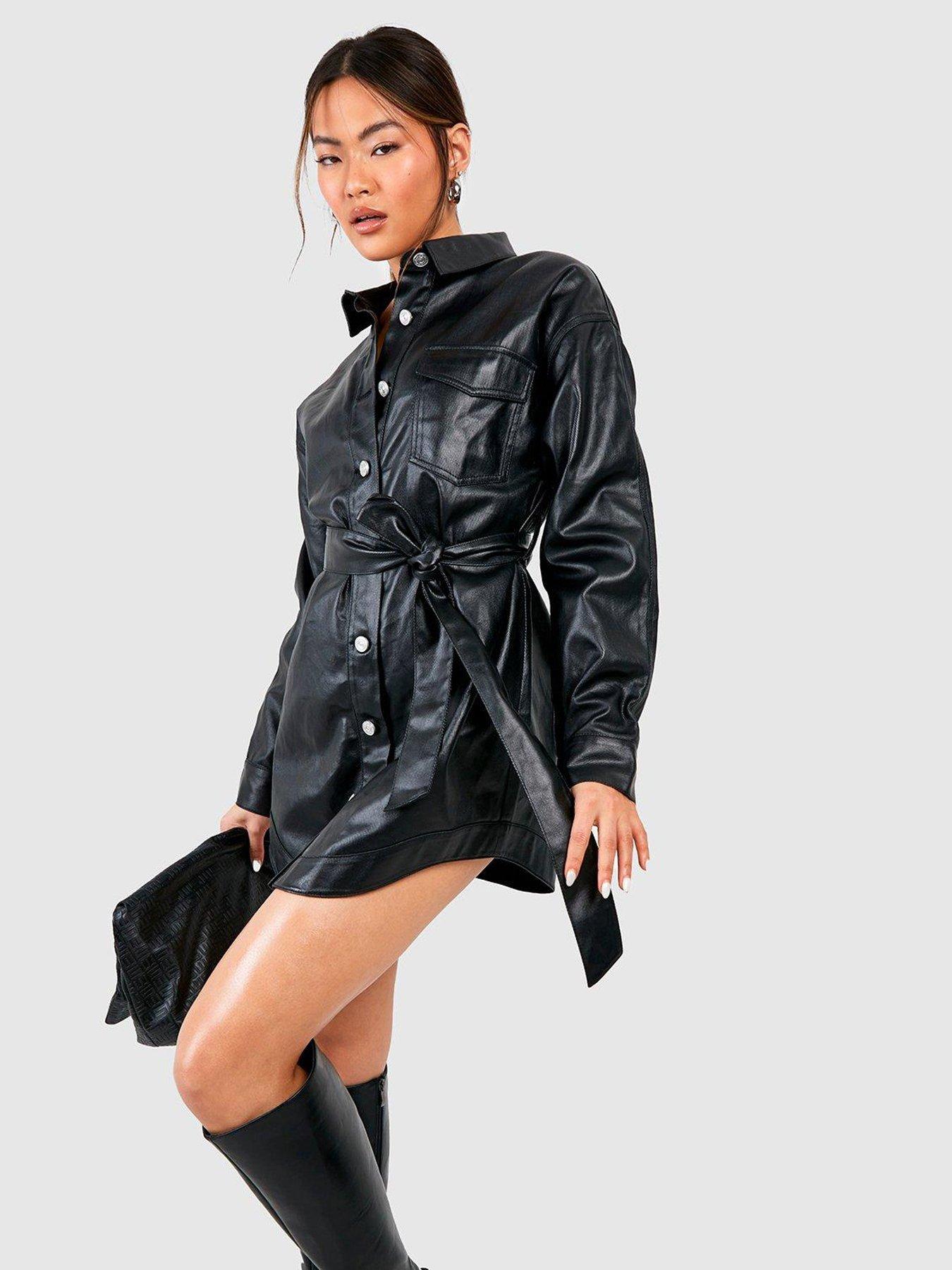 boohoo-pu-coated-belted-shirt-dress-black