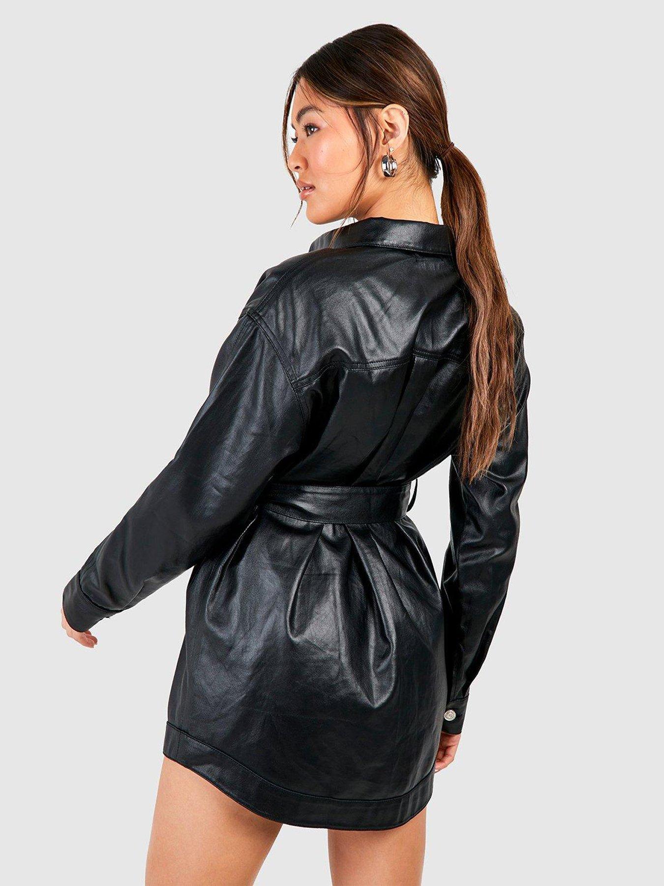 boohoo-pu-coated-belted-shirt-dress-blackstillFront