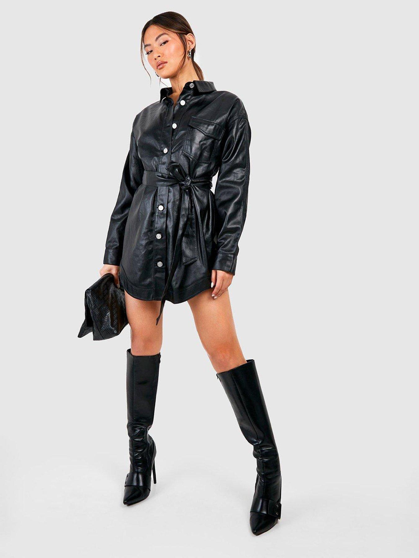 boohoo-pu-coated-belted-shirt-dress-blackback