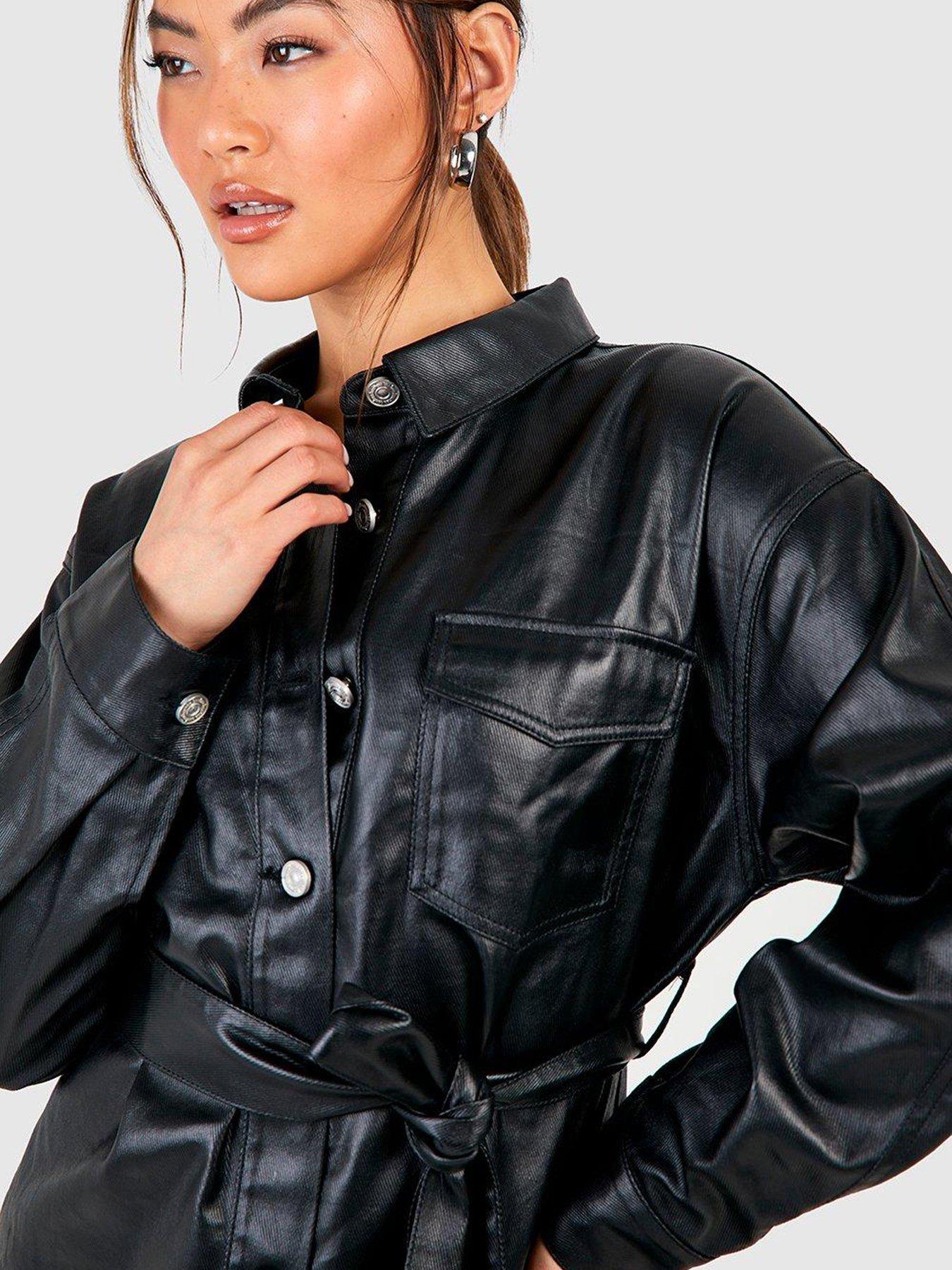 boohoo-pu-coated-belted-shirt-dress-blackoutfit