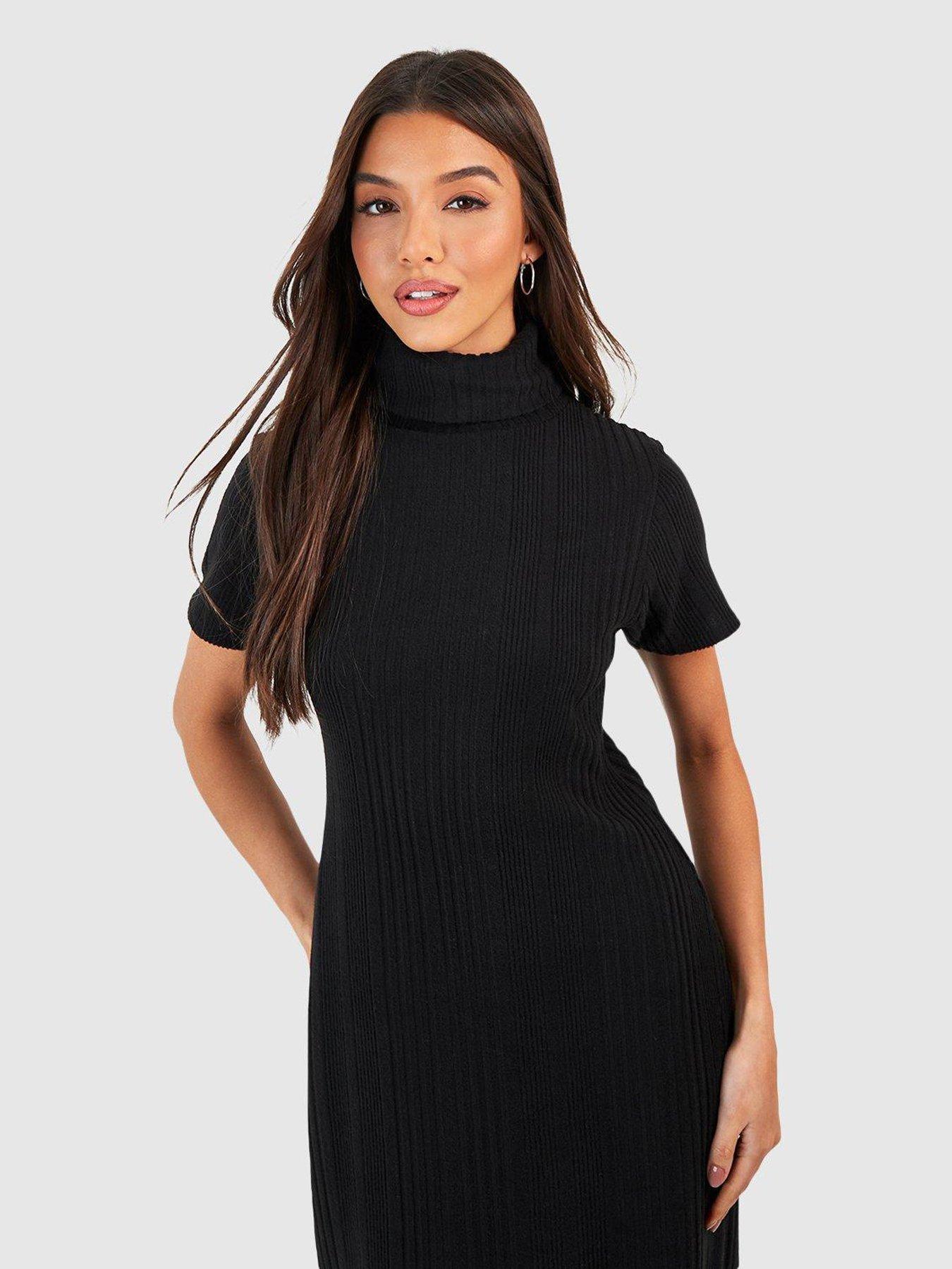 boohoo-textured-rib-roll-neck-midi-dress-blackoutfit