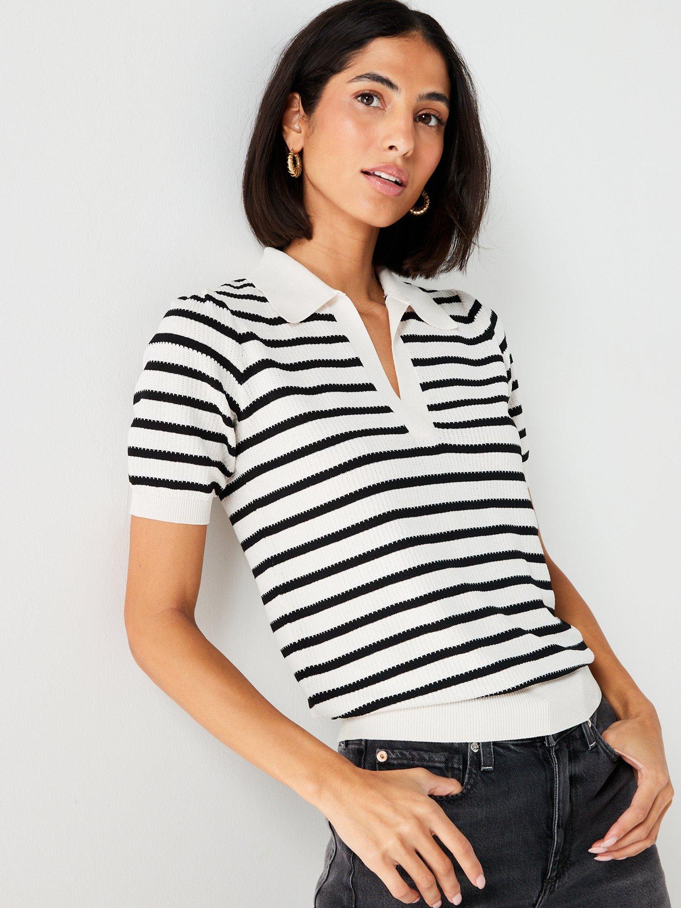 v-by-very-short-sleeve-stripe-jumper-with-collar-blackcreamdetail