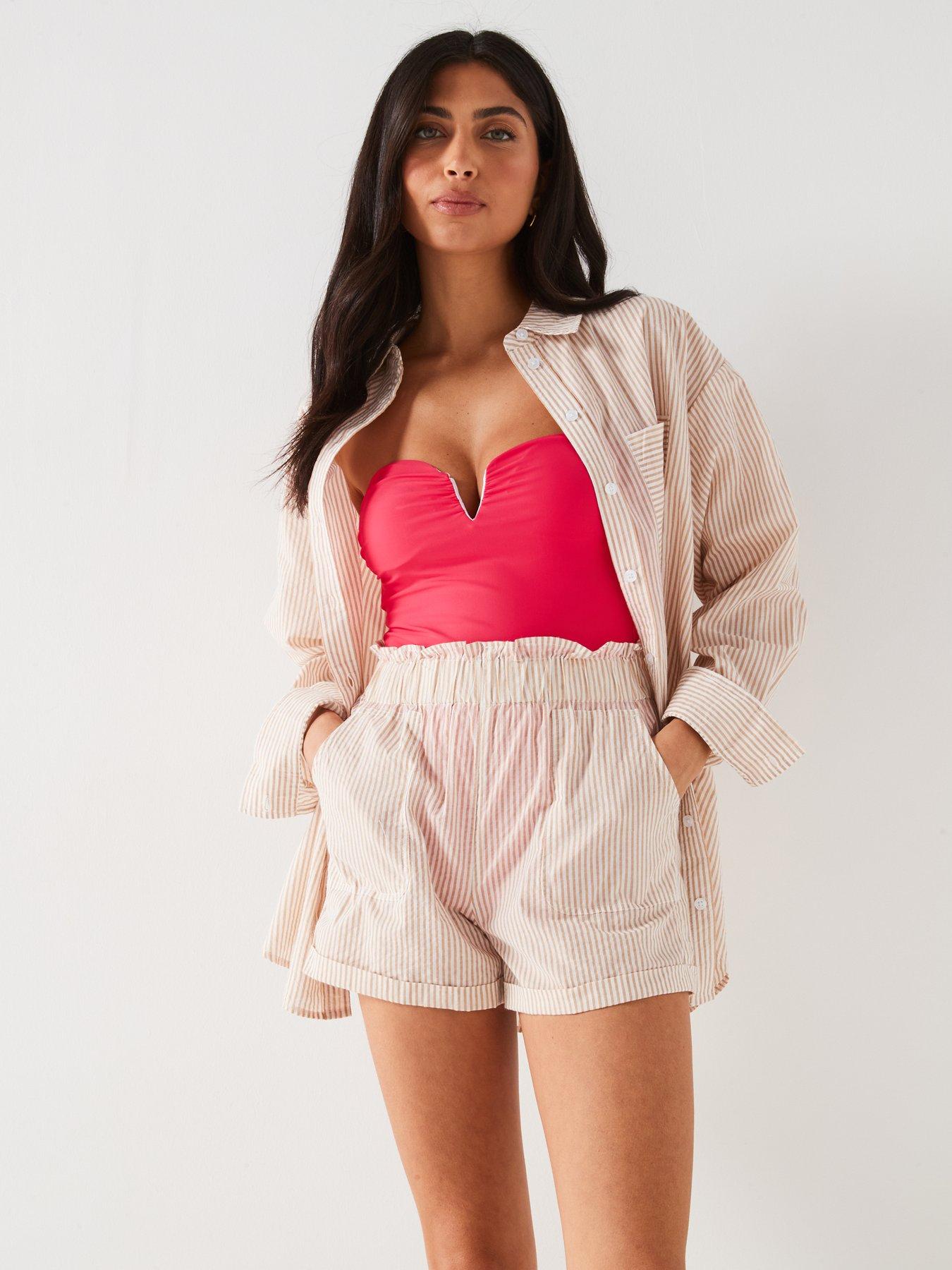 v-by-very-cotton-stripe-paperbag-co-ord-beach-shorts-beigedetail