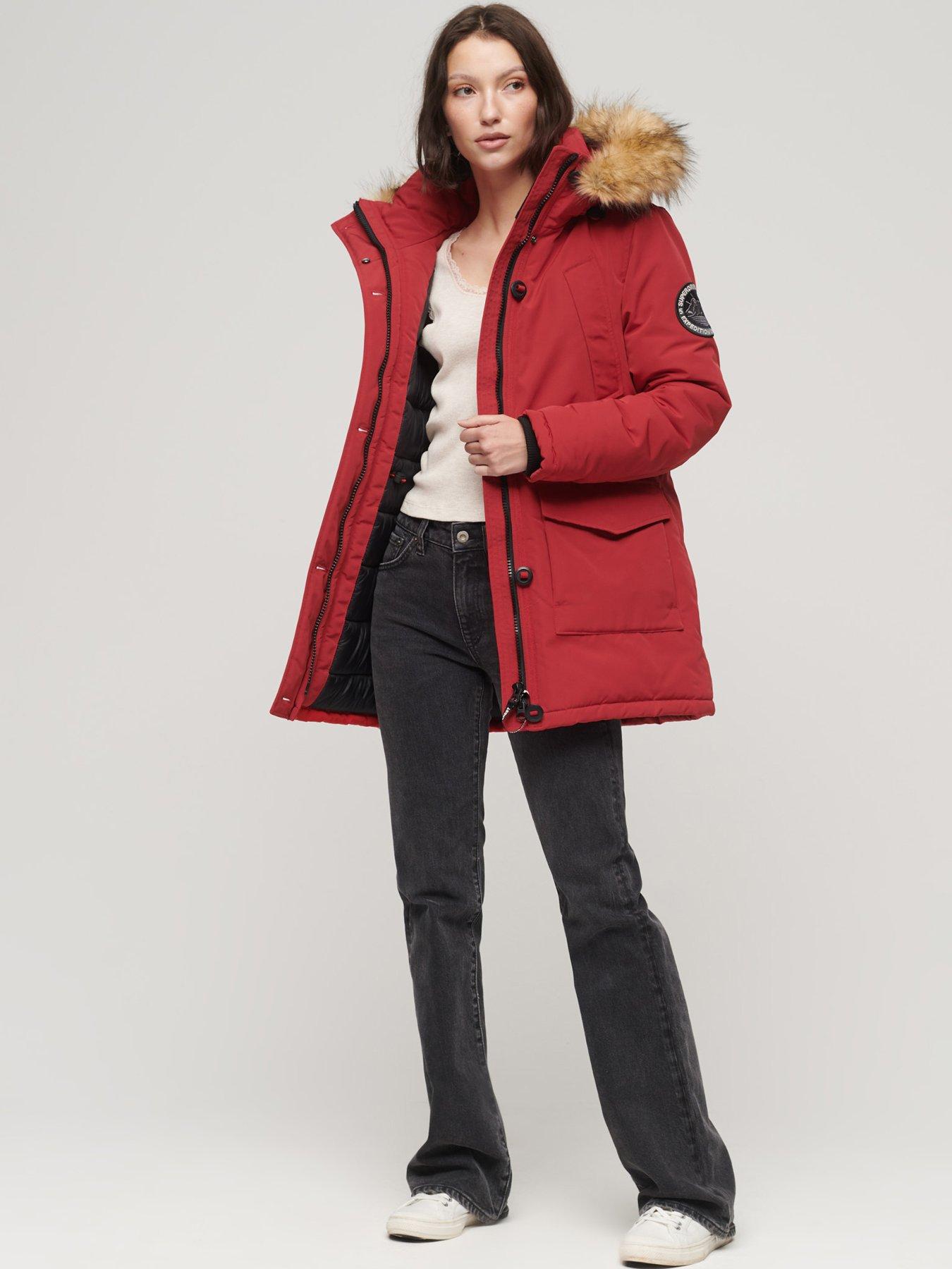 Womens red parka coats with fur hood sales