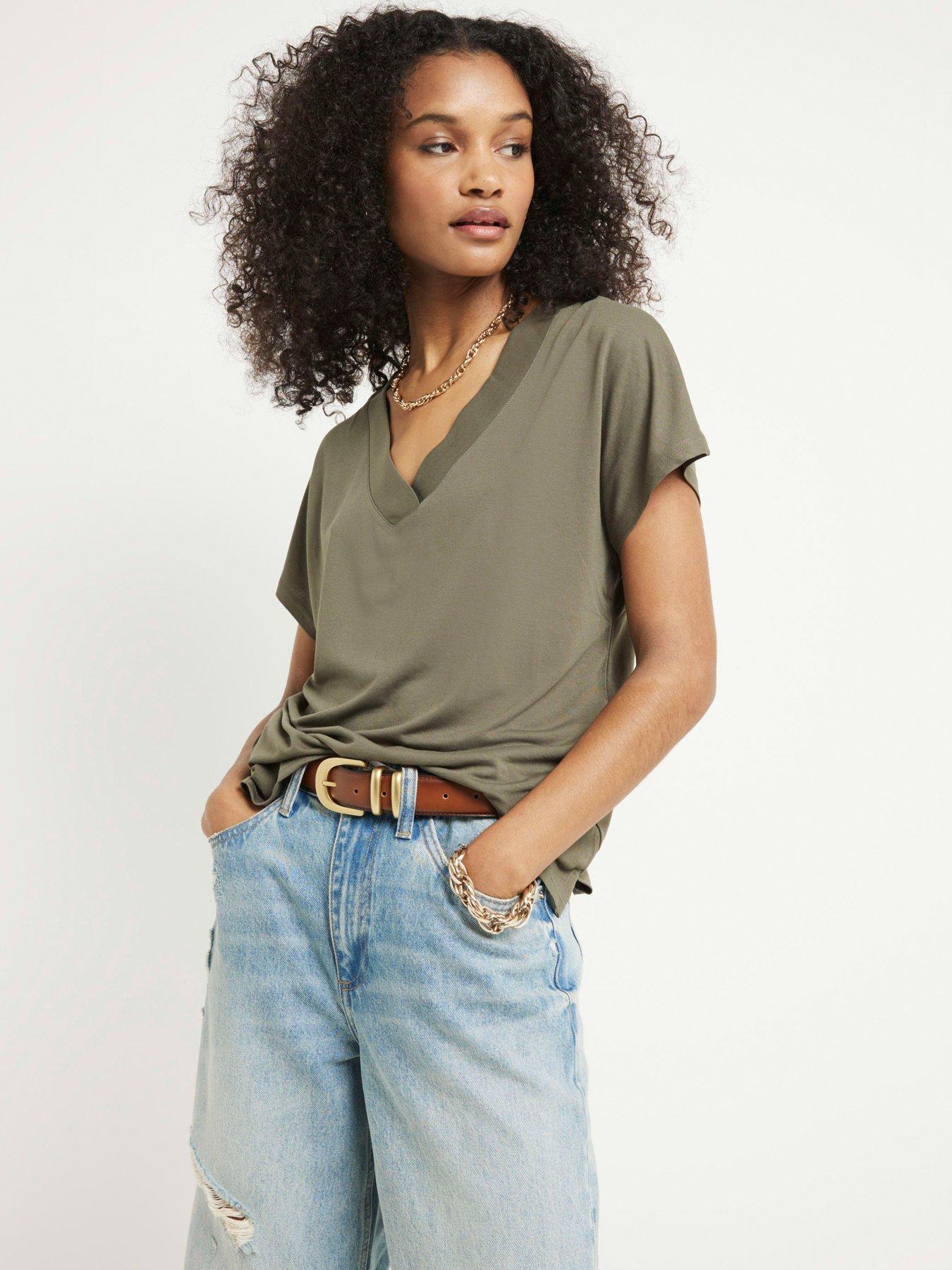 Khaki Ribbed Jersey Scoop Neck Top