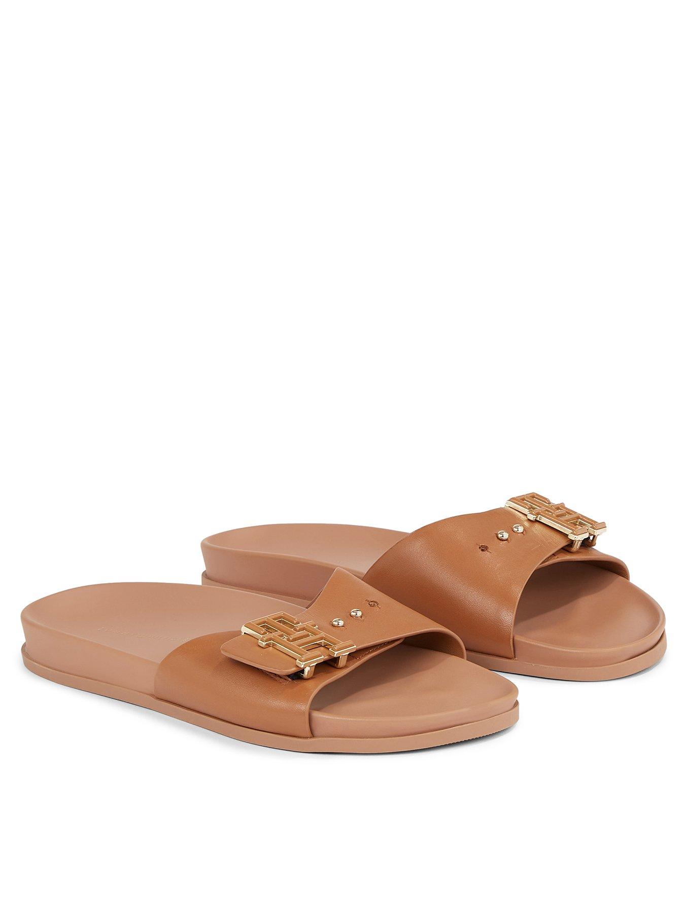 Leather Logo Flat Sandals Brown