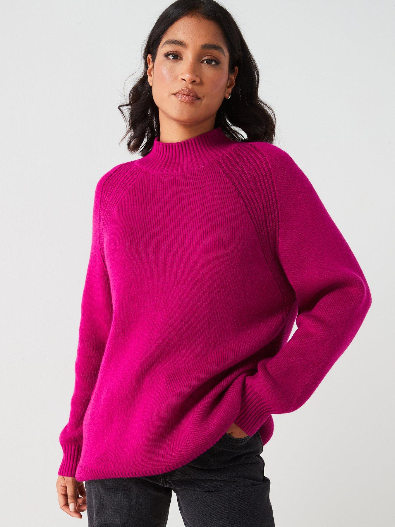 Oversize High Neck Ribbed Jumper Fuchsia