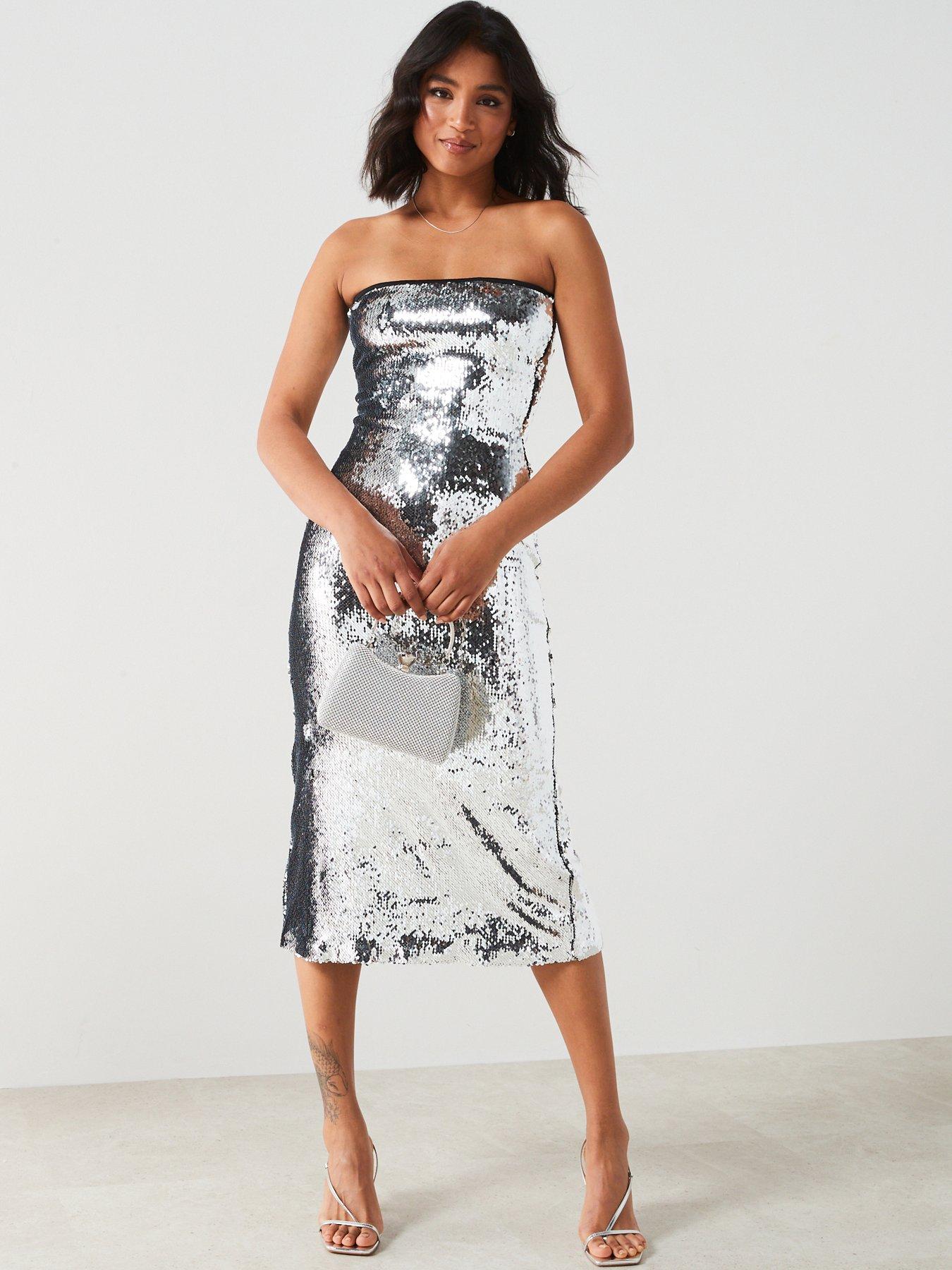 Sequin Strapless Midi Dress Silver