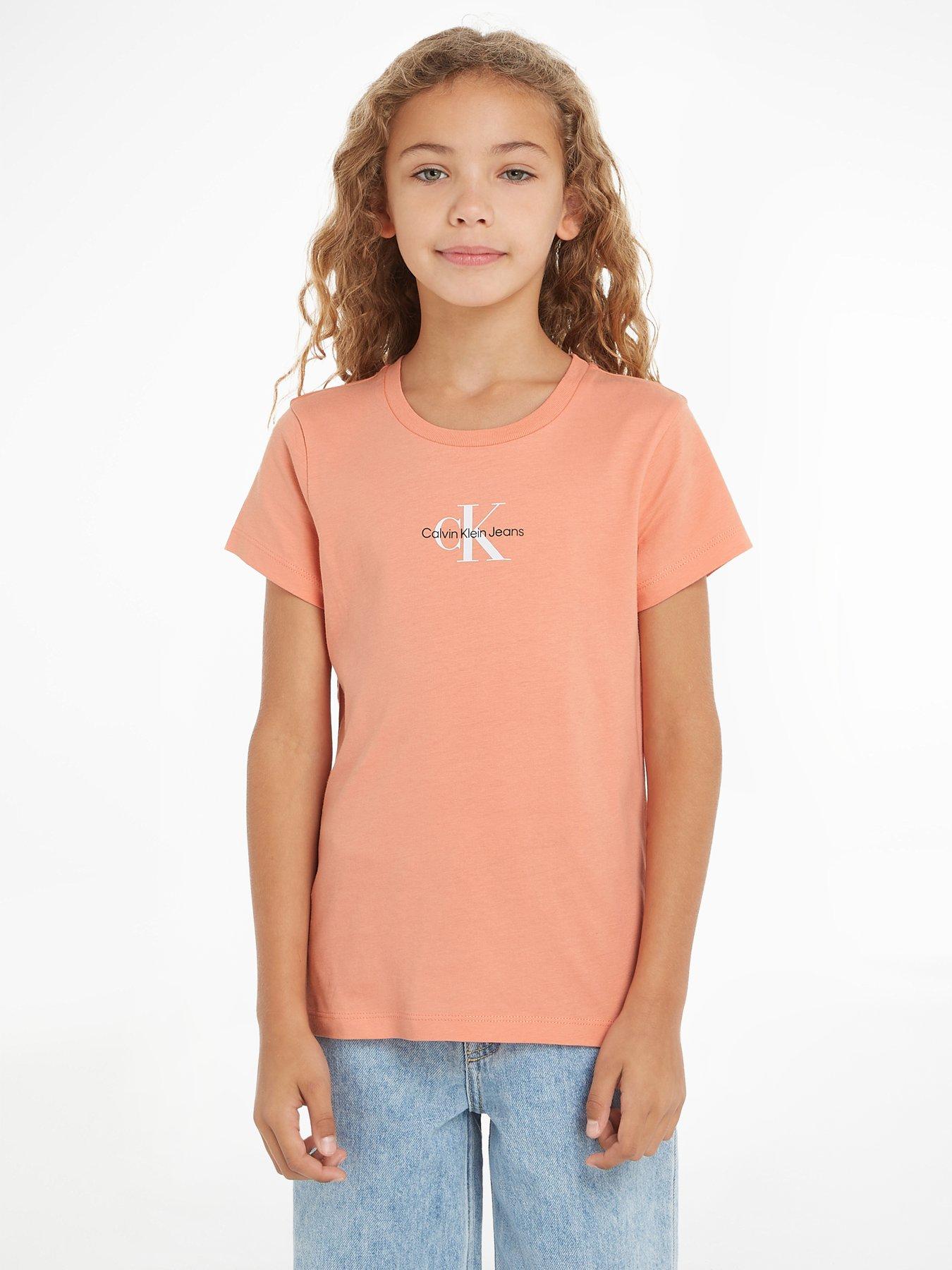 Image 2 of 5 of Calvin Klein Jeans Girls Micro Monogram Short Sleeve T-shirt - Blooming Dahlia - Light Orange