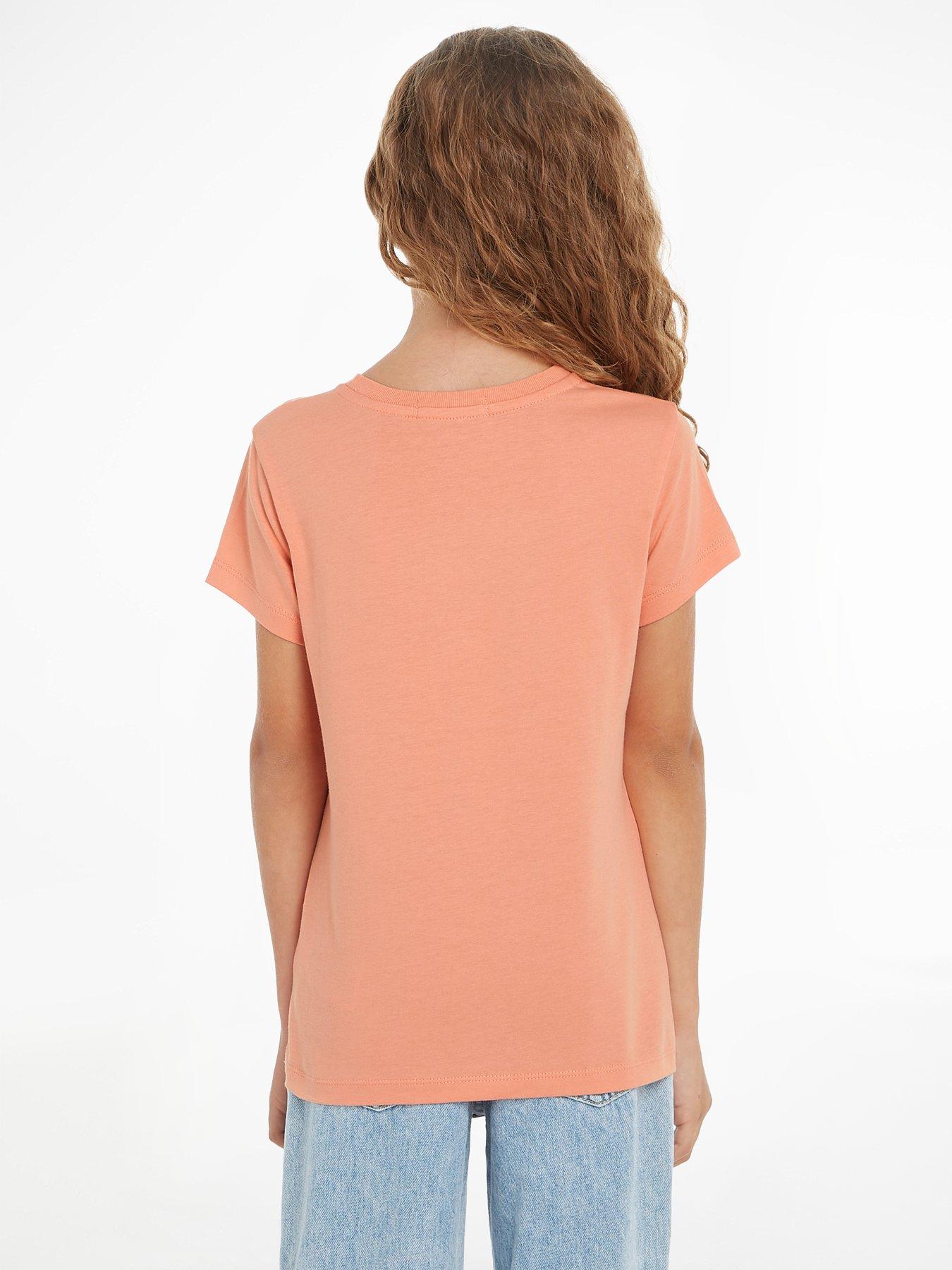 Image 4 of 5 of Calvin Klein Jeans Girls Micro Monogram Short Sleeve T-shirt - Blooming Dahlia - Light Orange