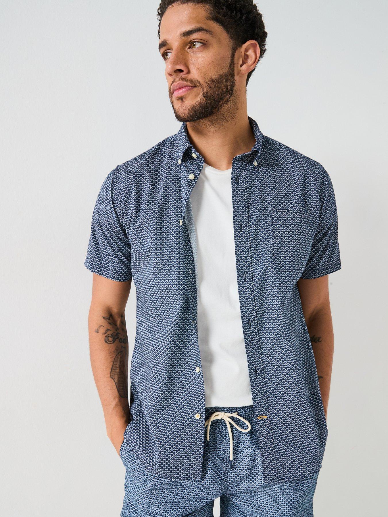 Image 1 of 6 of Barbour Barbour Short Sleeve Shell Print Tailored Fit Shirt - Navy