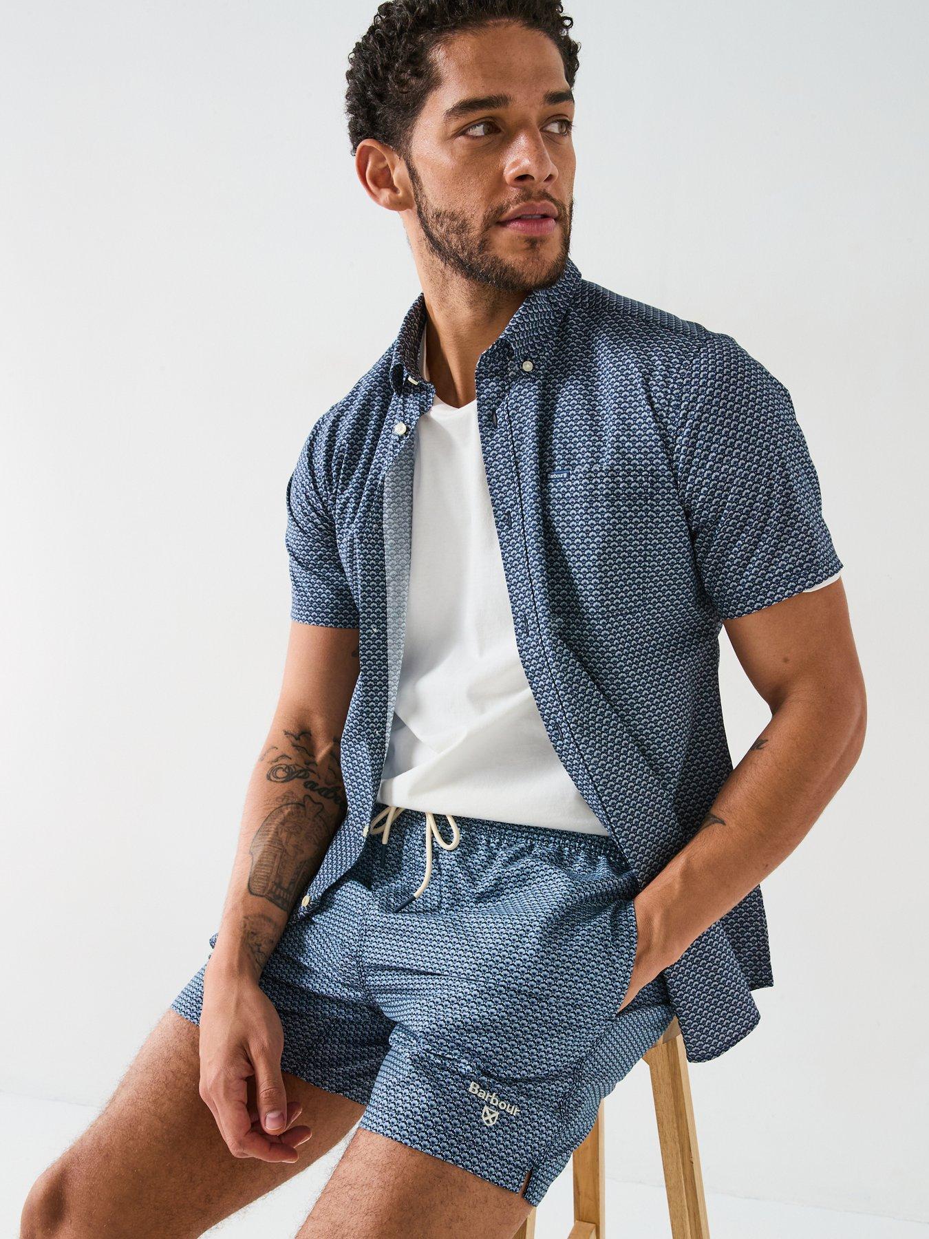 Image 6 of 6 of Barbour Barbour Short Sleeve Shell Print Tailored Fit Shirt - Navy