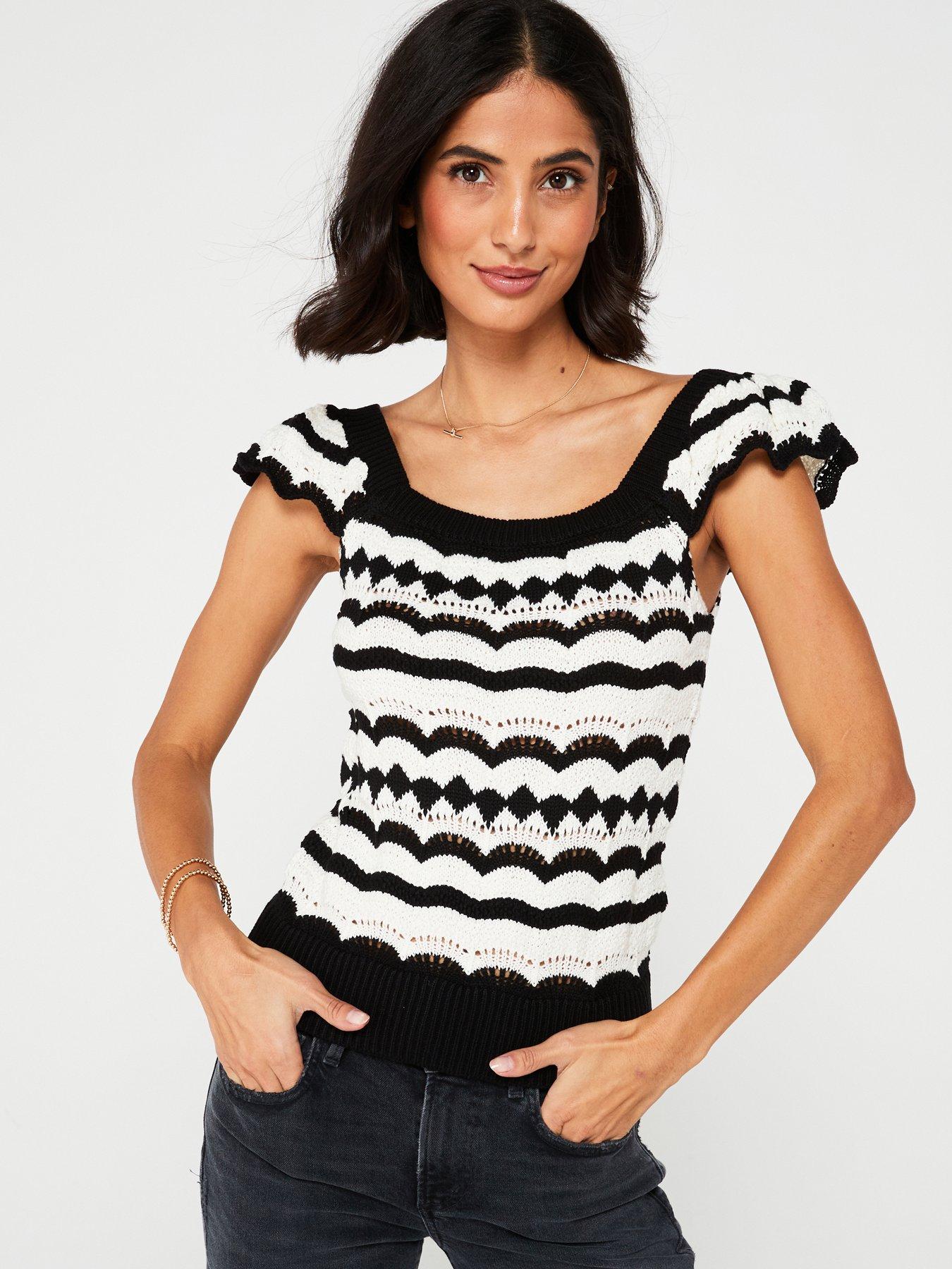 v-by-very-frill-sleeve-chevron-stripe-knitted-cami-blackwhitedetail