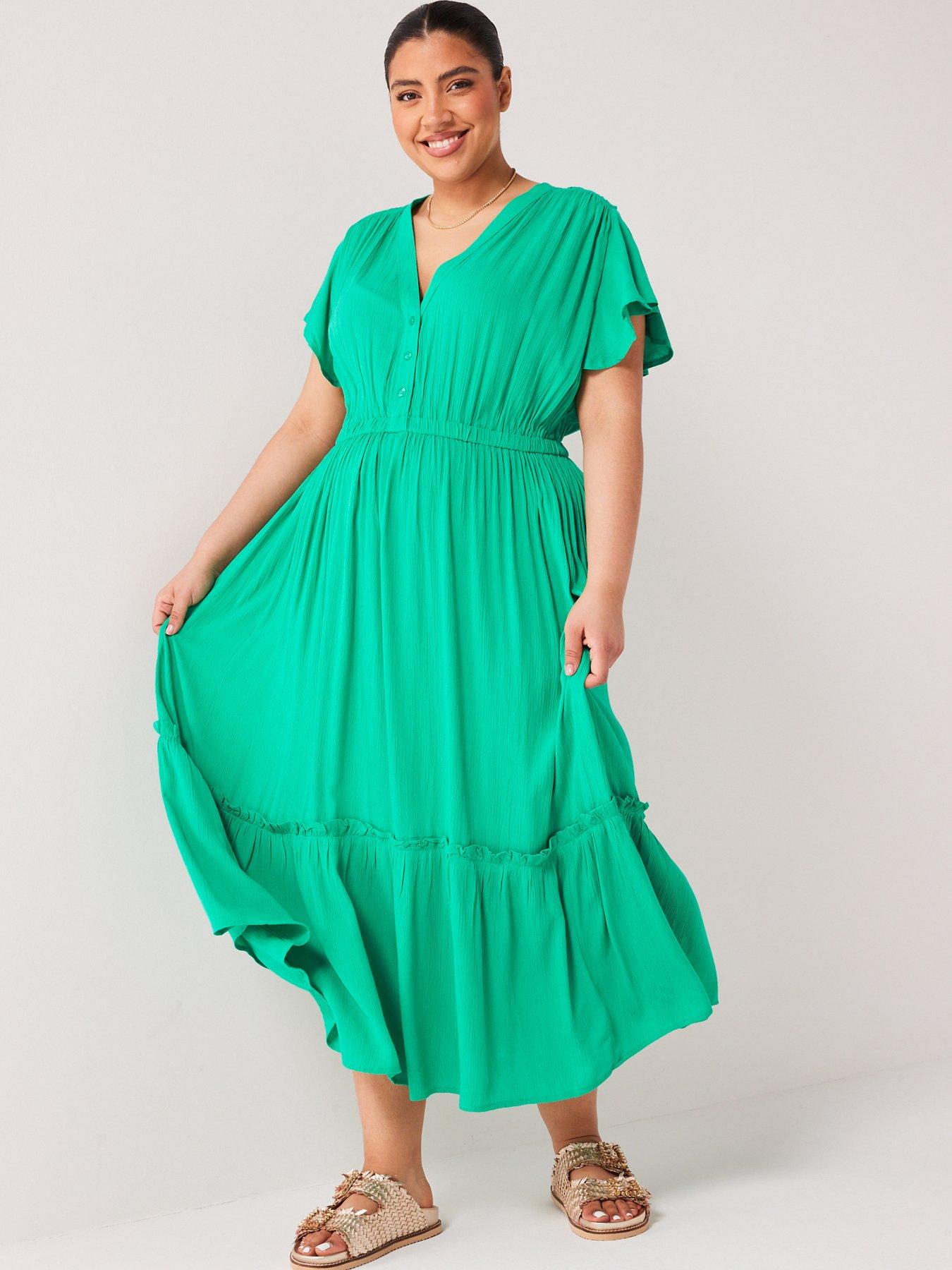 v-by-very-curve-frill-sleeve-crinkle-midi-dress-green