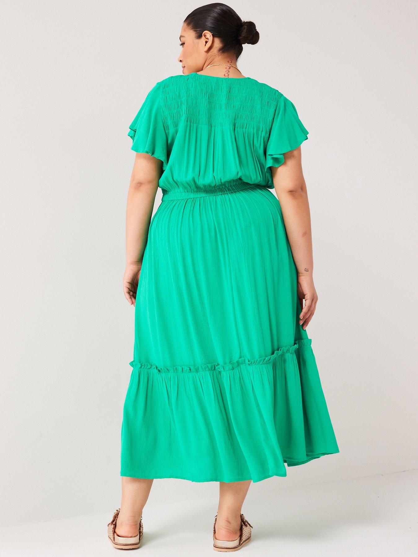 v-by-very-curve-frill-sleeve-crinkle-midi-dress-greenstillFront