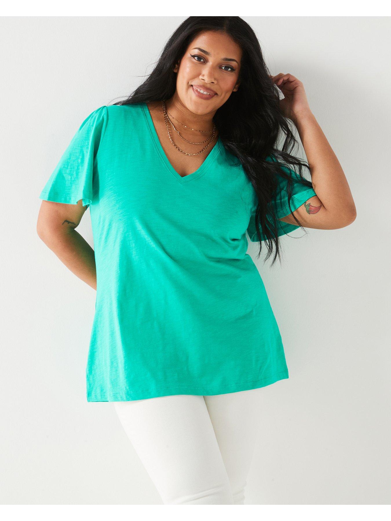 v-by-very-curve-v-neck-fluted-t-shirt-green