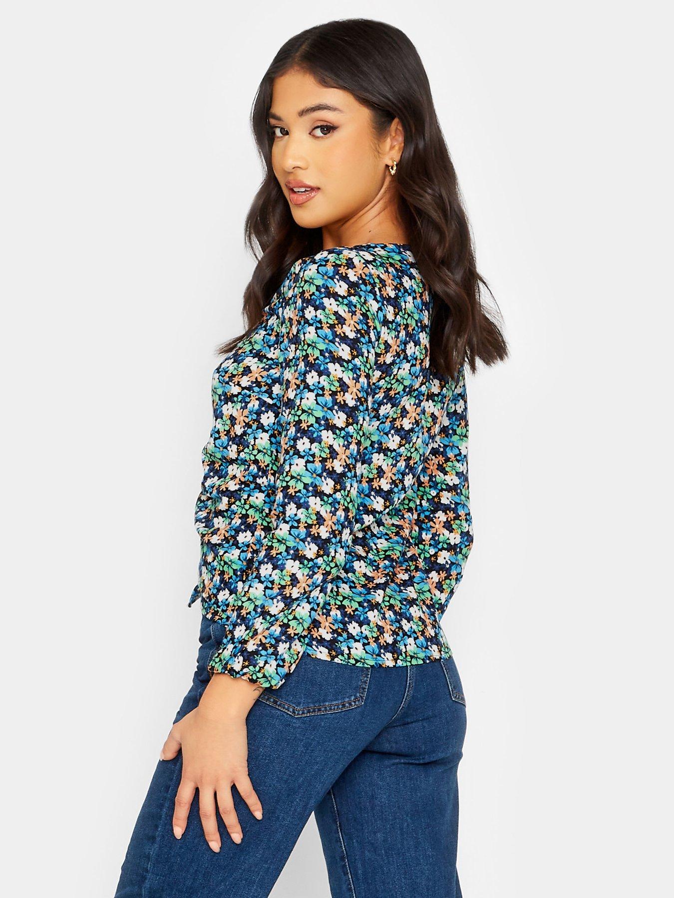 pixiegirl-petite-blue-ruched-front-long-sleeve-topstillFront