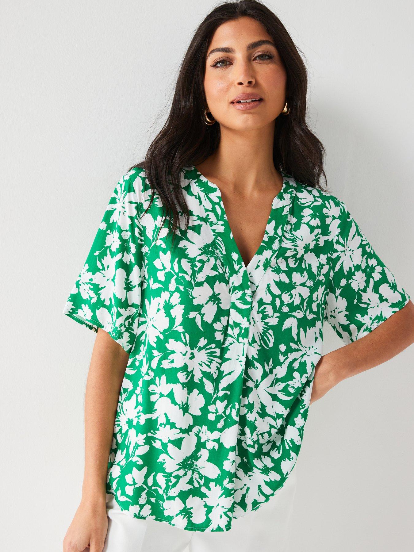 everyday-short-sleeve-notch-neck-floral-print-shirt-green