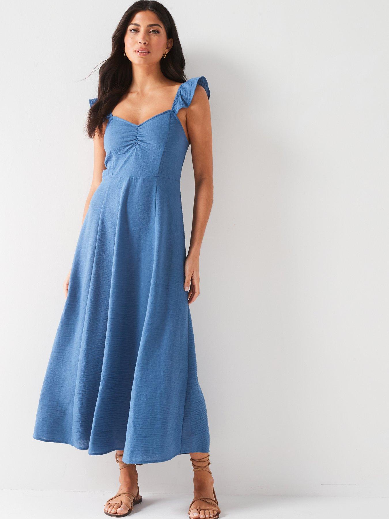 everyday-frill-sleeve-textured-midaxi-dress-bluefront