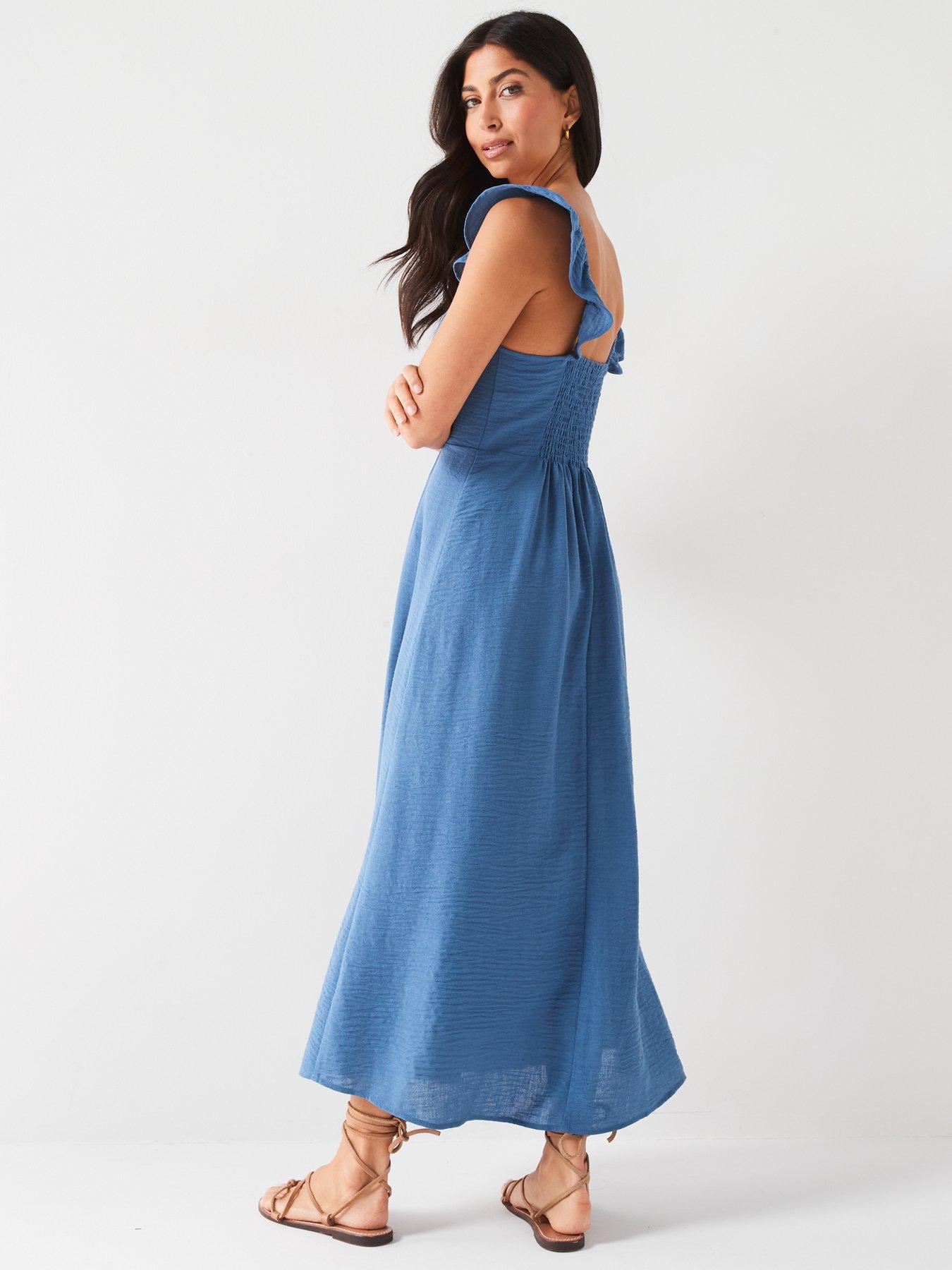 everyday-frill-sleeve-textured-midaxi-dress-bluestillFront