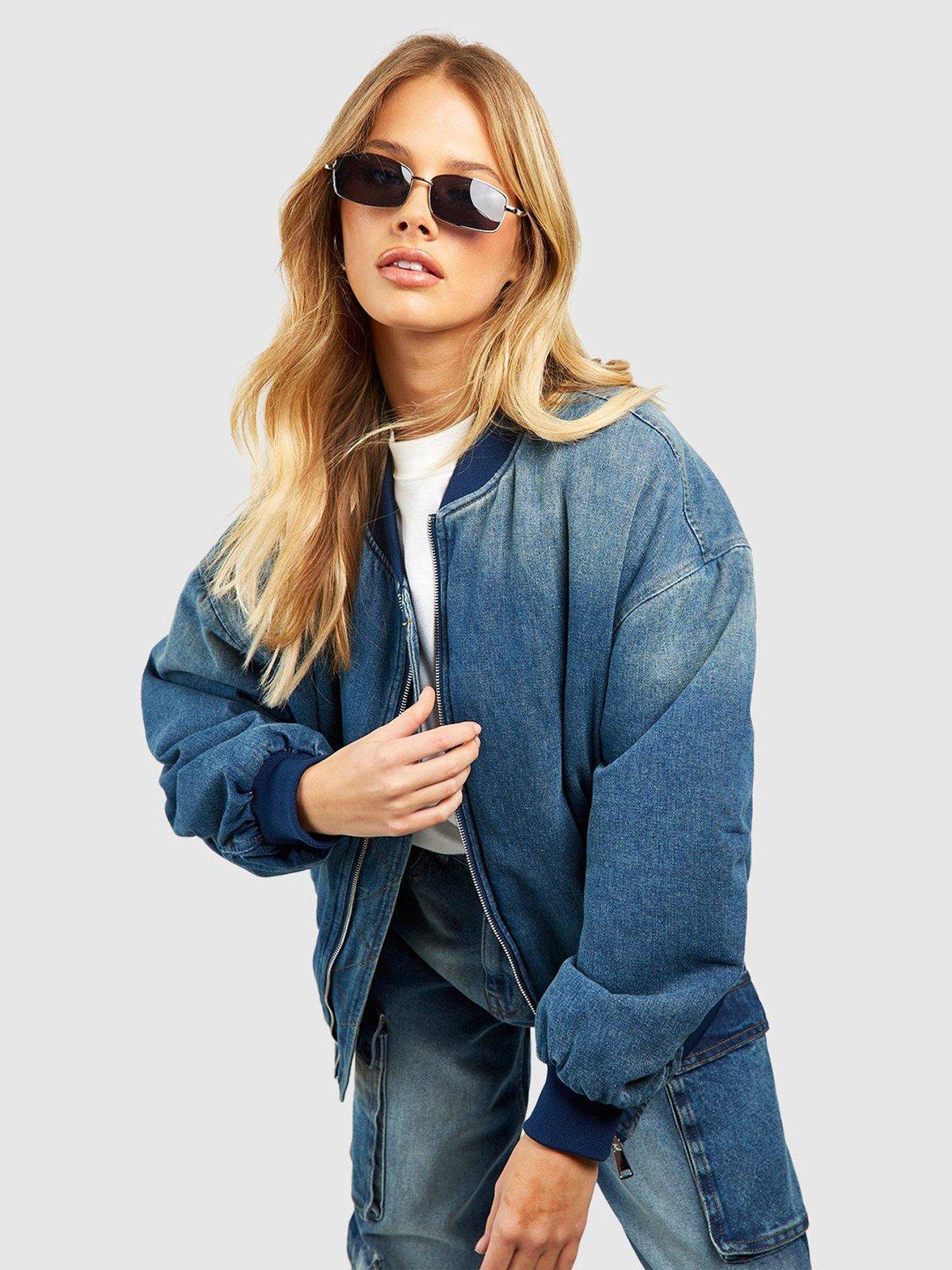 Oversized Denim Bomber Jacket Mid Wash